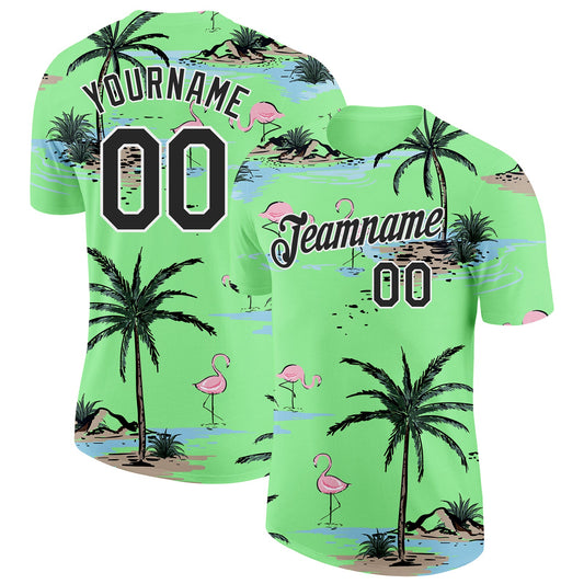 Custom Pea Green Black-White Tropical Hawaii Palm Trees Summer Beach Flamingo Performance T-Shirt - Main View