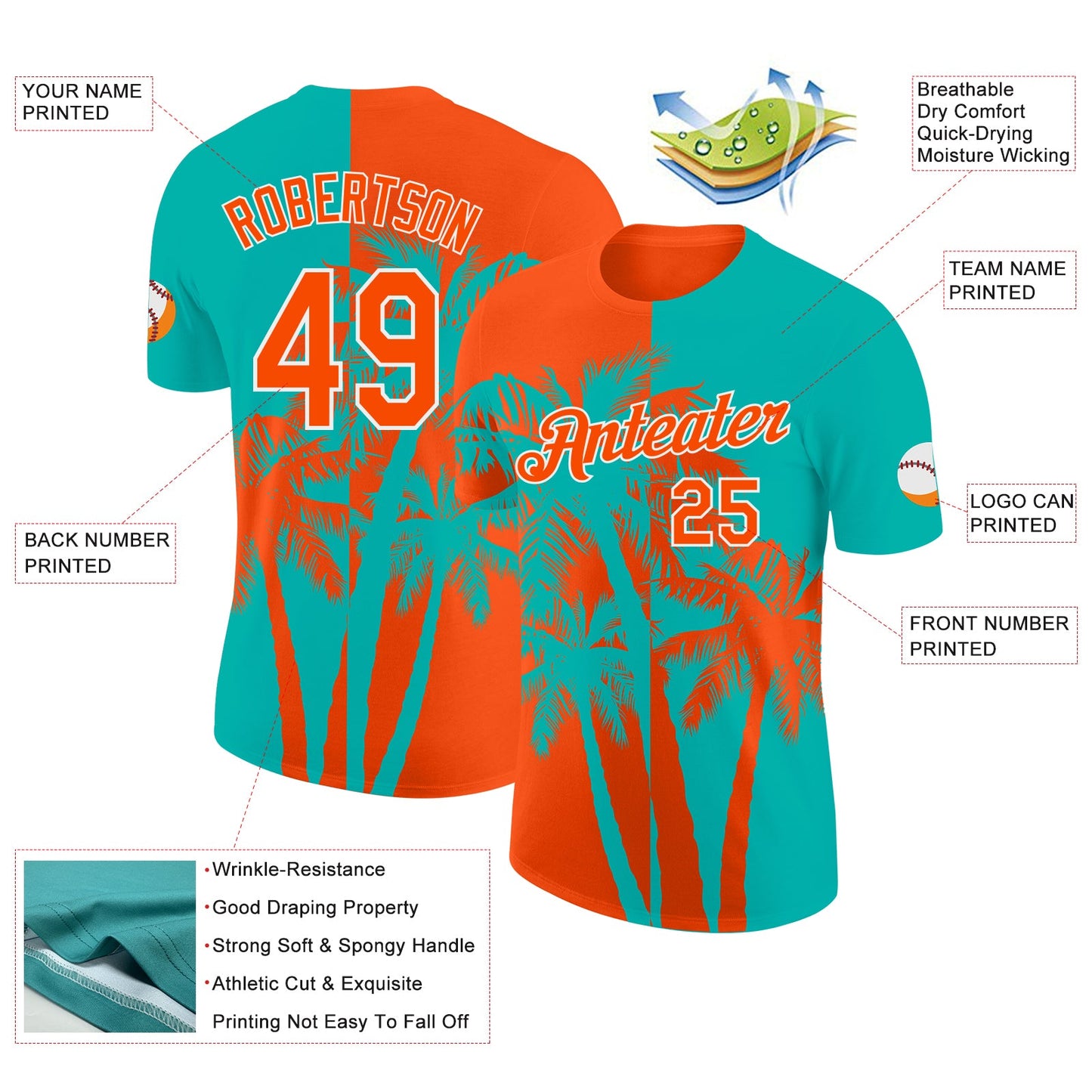 Custom Aqua Orange-White Hawaii Tropical Coastal Palm Trees Performance T-Shirt view 2