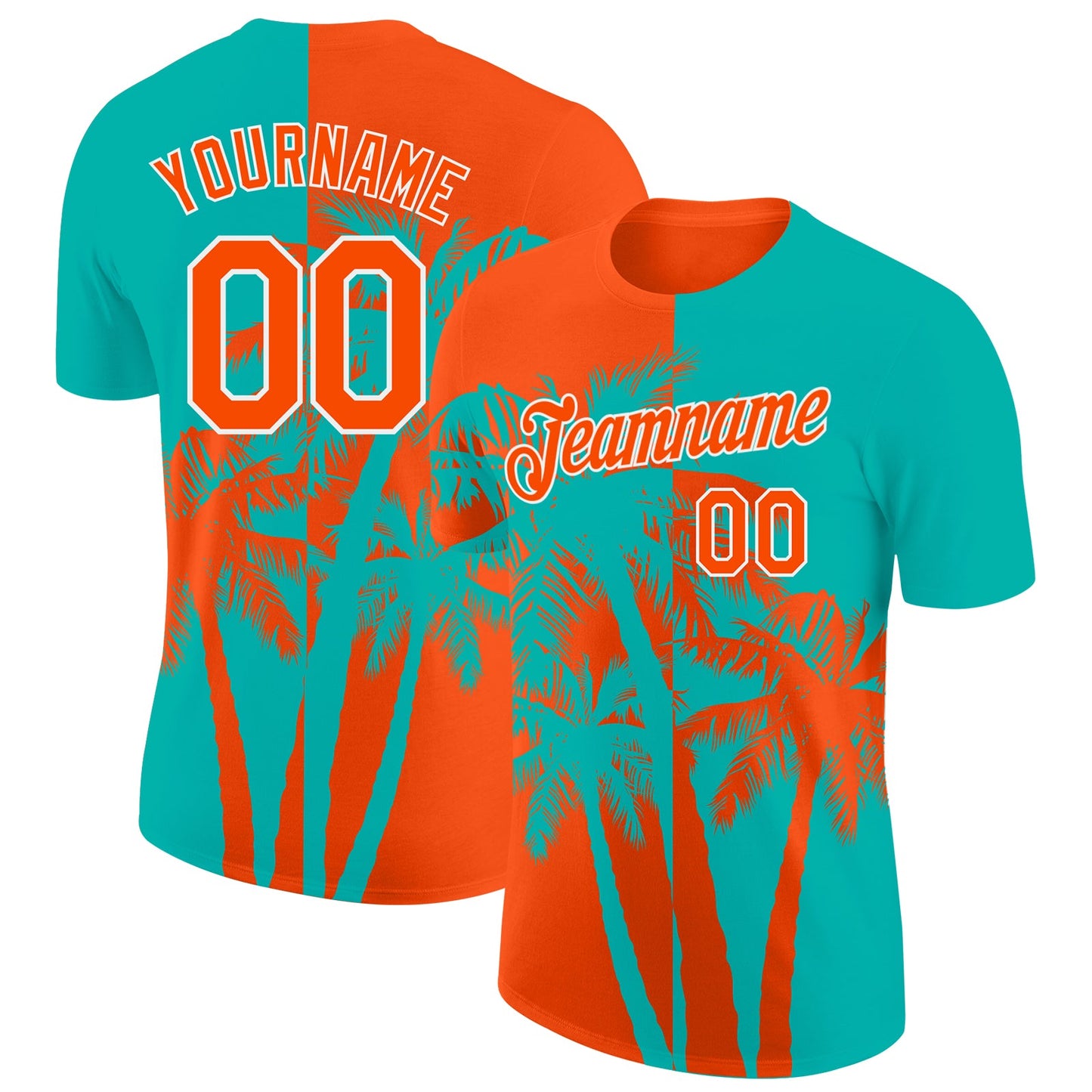 Custom Aqua Orange-White Hawaii Tropical Coastal Palm Trees Performance T-Shirt - Main View