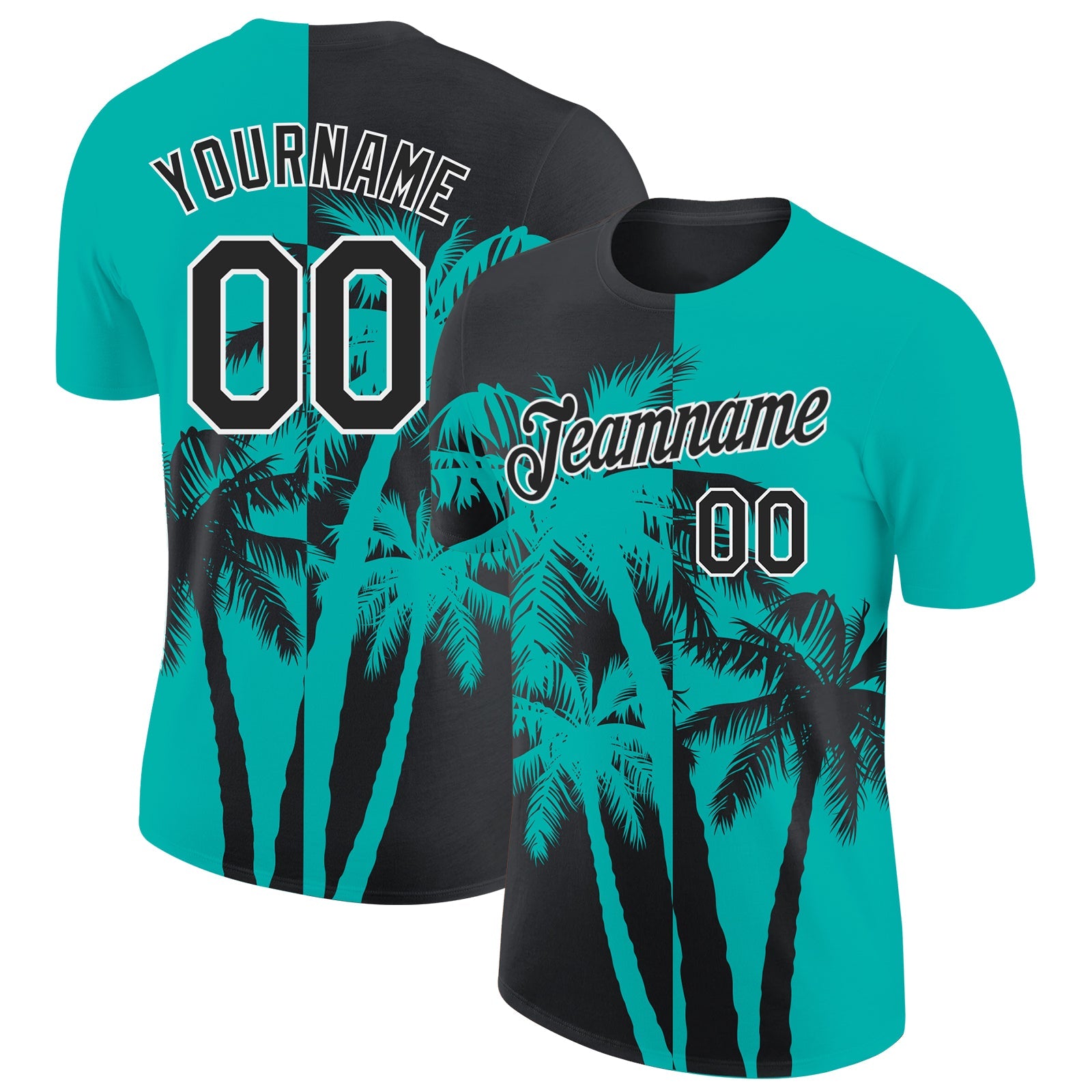 Custom Aqua Black-White Hawaii Tropical Coastal Palm Trees Performance T-Shirt - Main View
