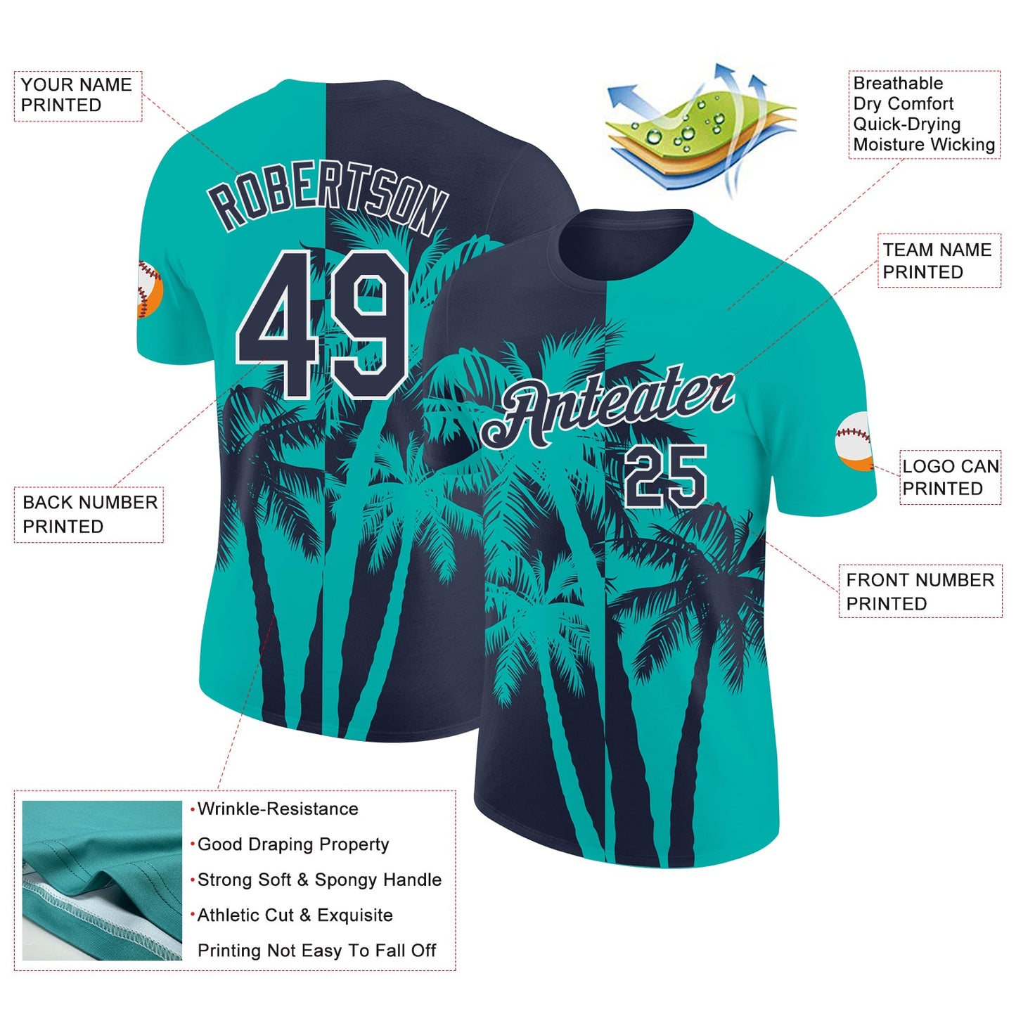 Custom Aqua Navy-White Hawaii Tropical Coastal Palm Trees Performance T-Shirt view 2
