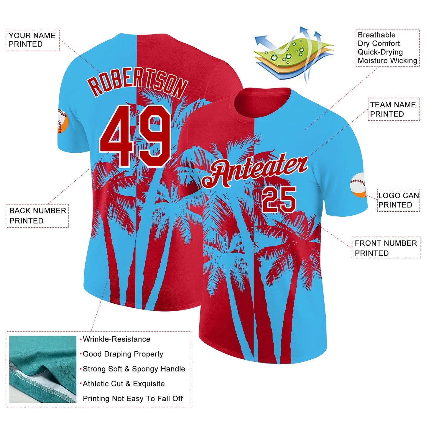 Custom Sky Blue Red-White Hawaii Tropical Coastal Palm Trees Performance T-Shirt view 2