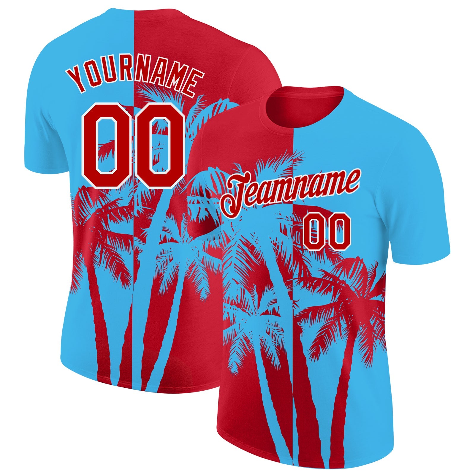 Custom Sky Blue Red-White Hawaii Tropical Coastal Palm Trees Performance T-Shirt - Main View