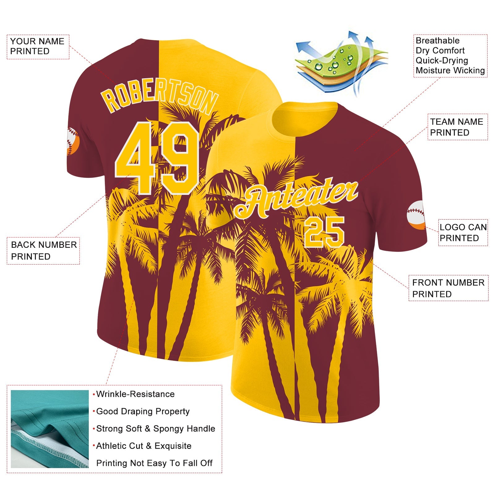 Custom Burgundy Yellow-White Hawaii Tropical Coastal Palm Trees Performance T-Shirt view 2