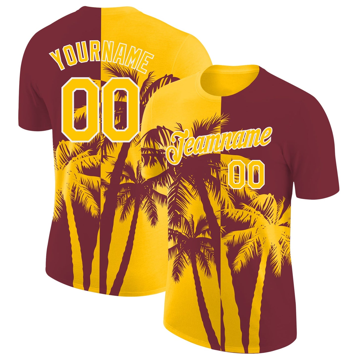 Custom Burgundy Yellow-White Hawaii Tropical Coastal Palm Trees Performance T-Shirt - Main View