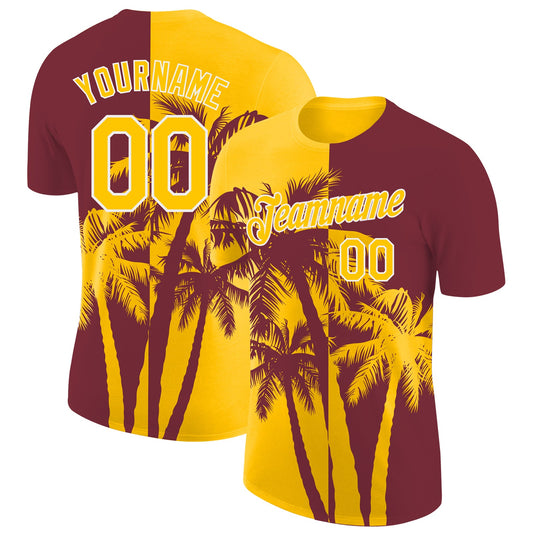 Custom Burgundy Yellow-White Hawaii Tropical Coastal Palm Trees Performance T-Shirt - Main View