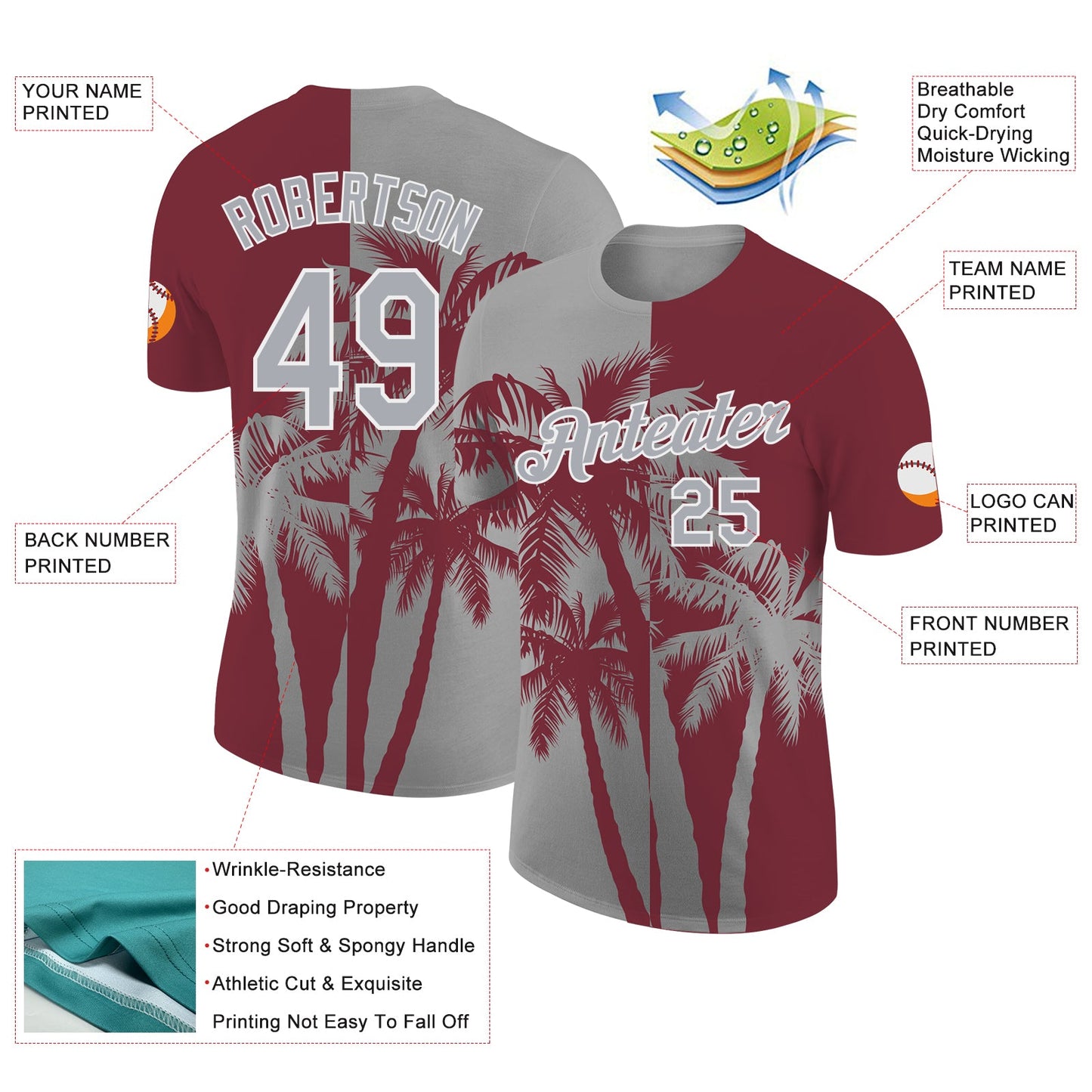 Custom Burgundy Gray-White Hawaii Tropical Coastal Palm Trees Performance T-Shirt view 2