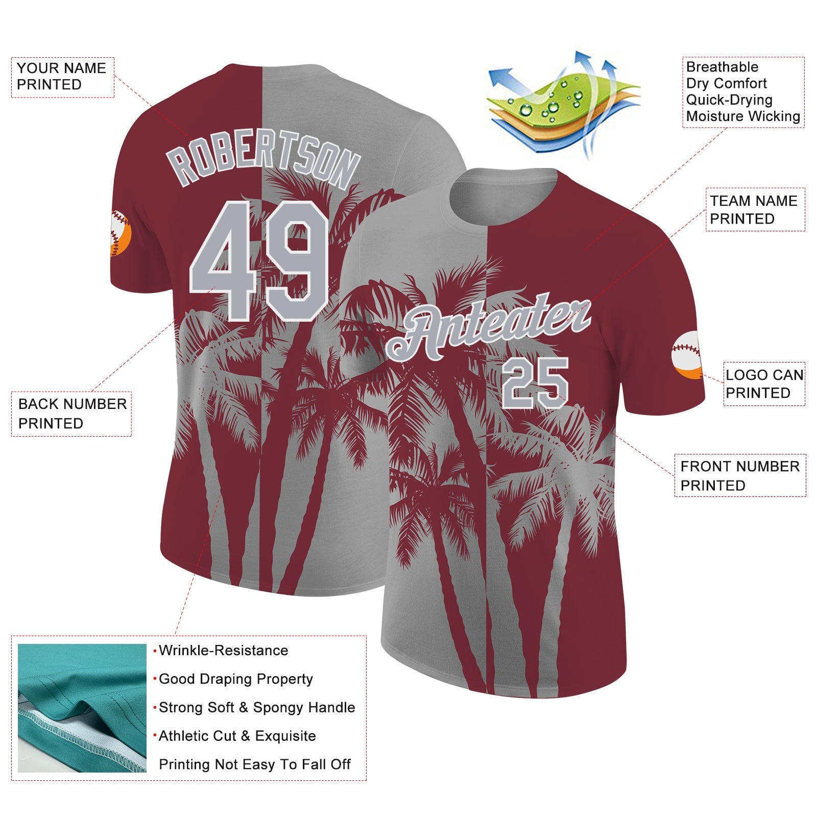 Custom Burgundy Gray-White Hawaii Tropical Coastal Palm Trees Performance T-Shirt view 2