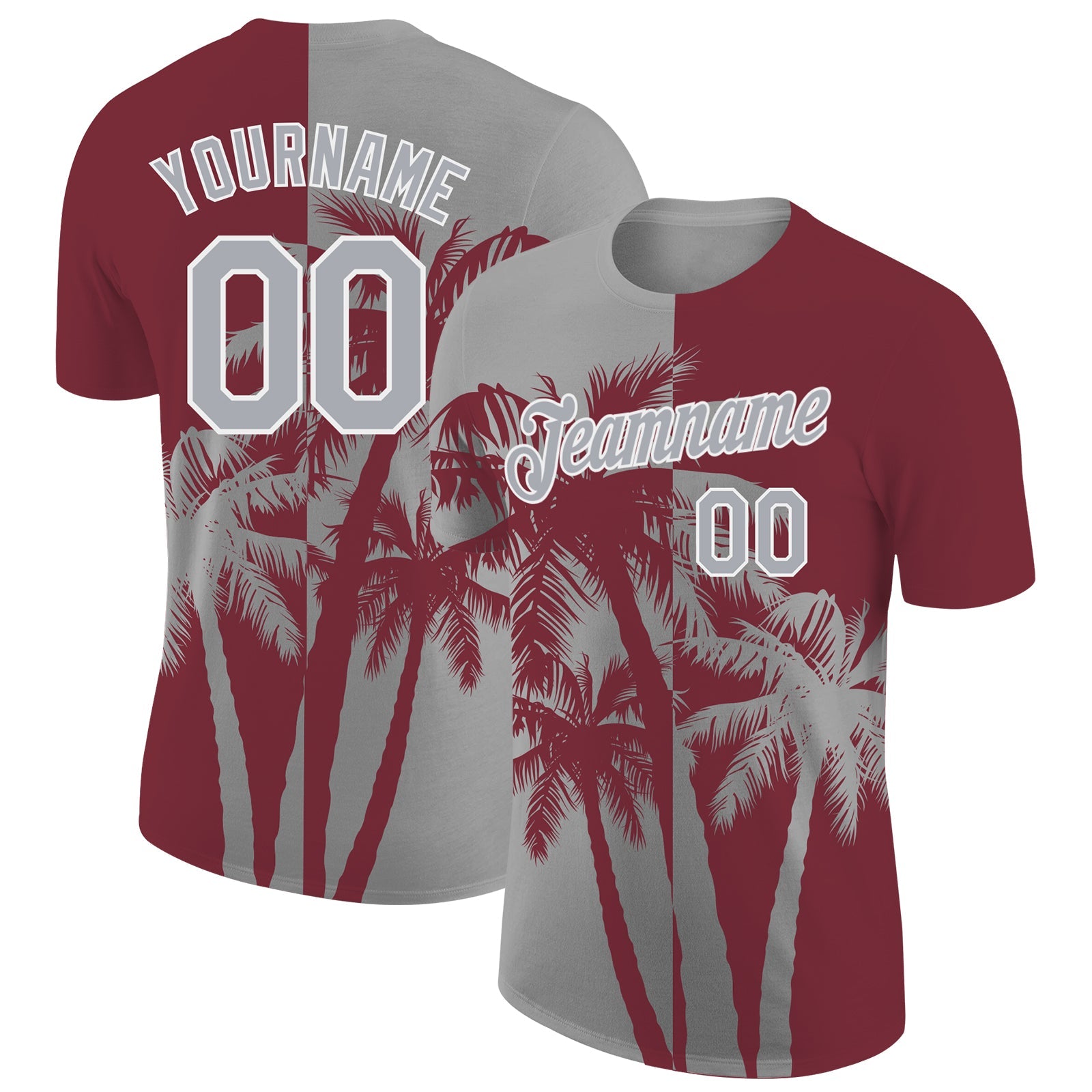 Custom Burgundy Gray-White Hawaii Tropical Coastal Palm Trees Performance T-Shirt - Main View
