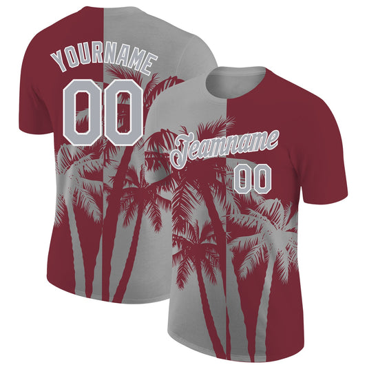 Custom Burgundy Gray-White Hawaii Tropical Coastal Palm Trees Performance T-Shirt - Main View