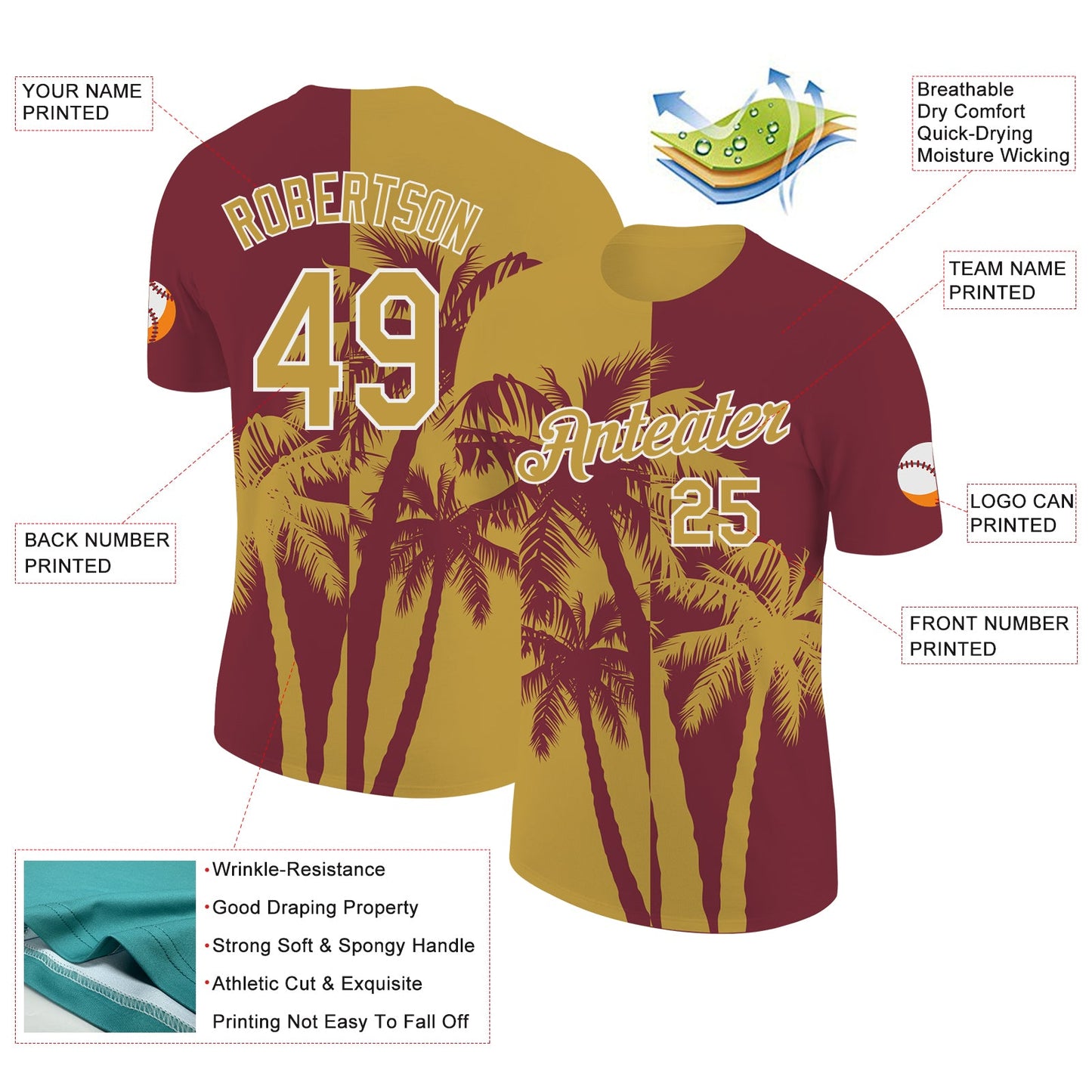 Custom Burgundy Old Gold-White Hawaii Tropical Coastal Palm Trees Performance T-Shirt view 2