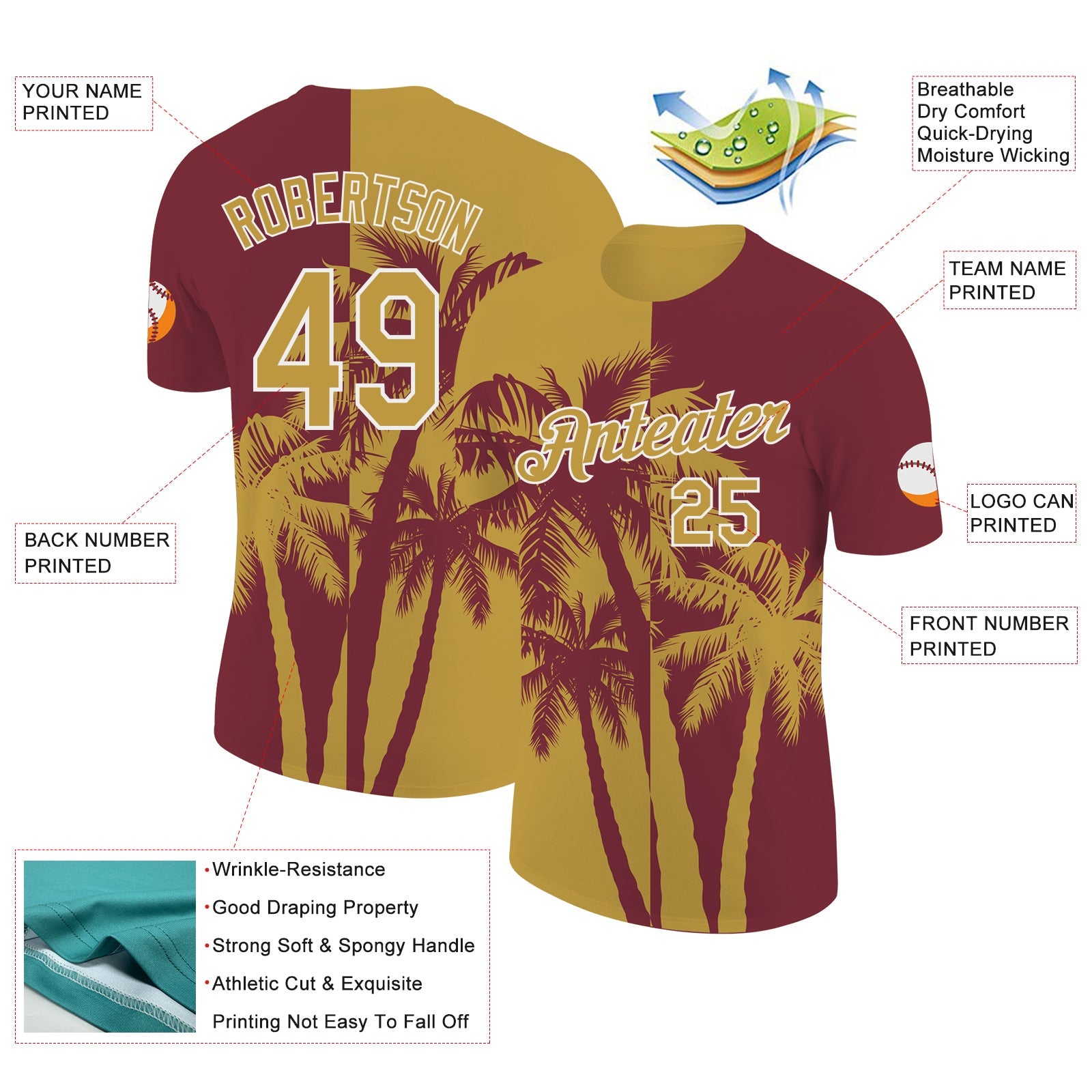 Custom Burgundy Old Gold-White Hawaii Tropical Coastal Palm Trees Performance T-Shirt view 2