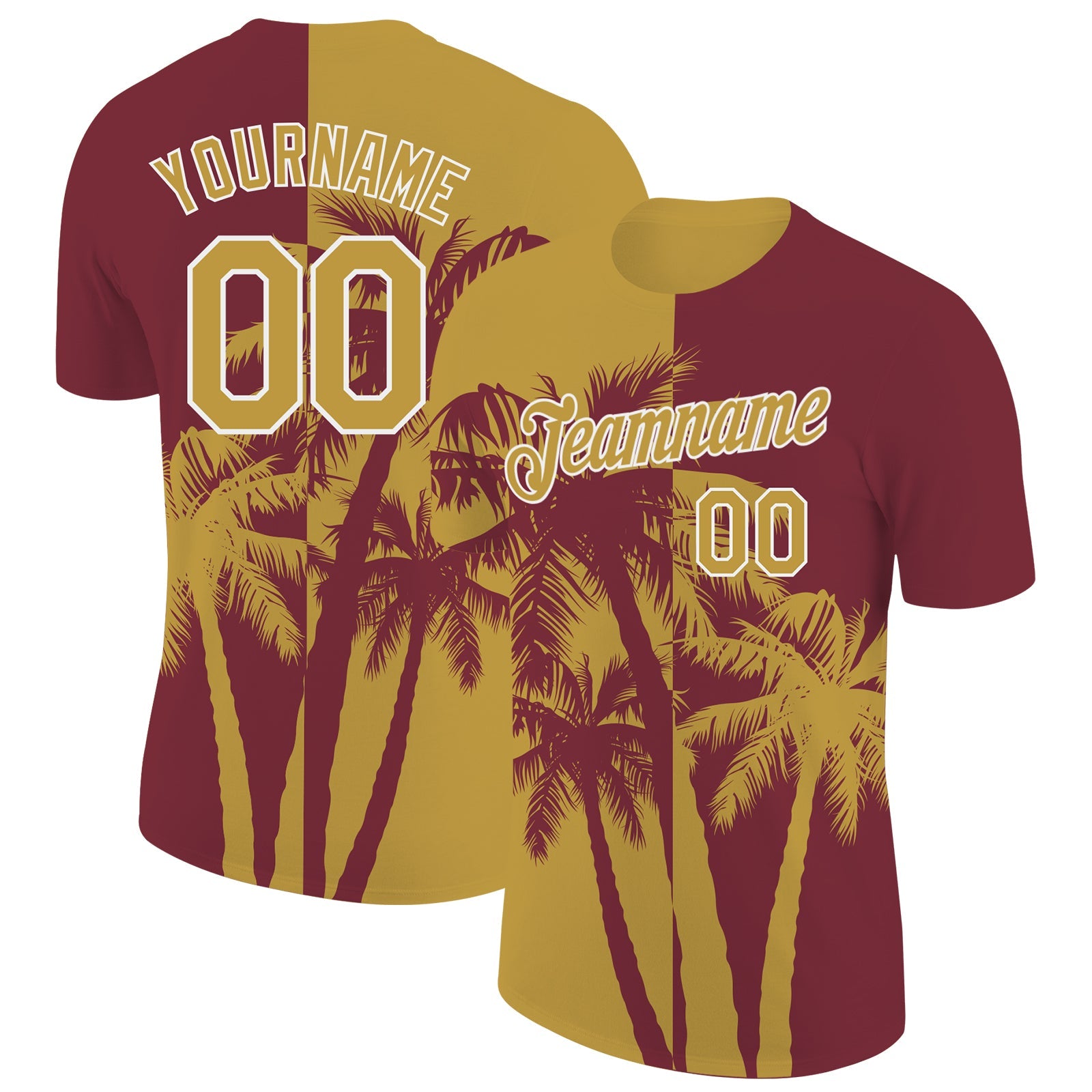 Custom Burgundy Old Gold-White Hawaii Tropical Coastal Palm Trees Performance T-Shirt - Main View