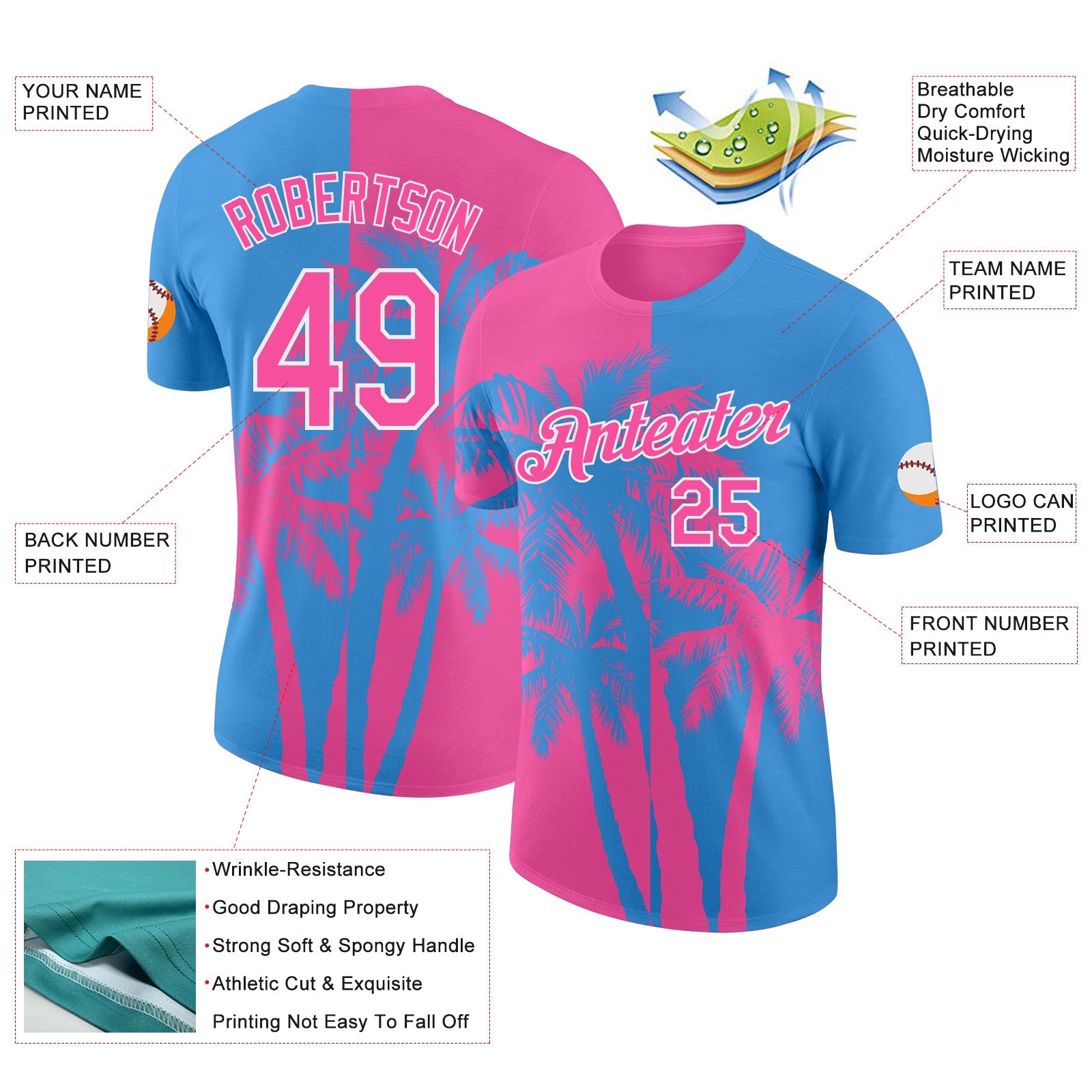Custom Powder Blue Pink-White Hawaii Tropical Coastal Palm Trees Performance T-Shirt view 2
