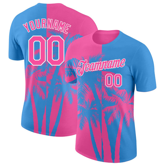 Custom Powder Blue Pink-White Hawaii Tropical Coastal Palm Trees Performance T-Shirt - Main View