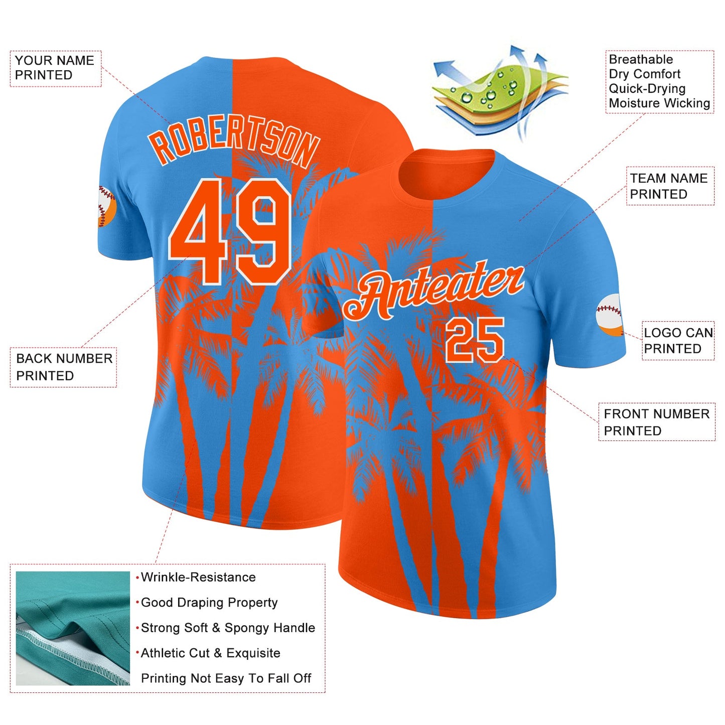 Custom Powder Blue Orange-White Hawaii Tropical Coastal Palm Trees Performance T-Shirt view 2