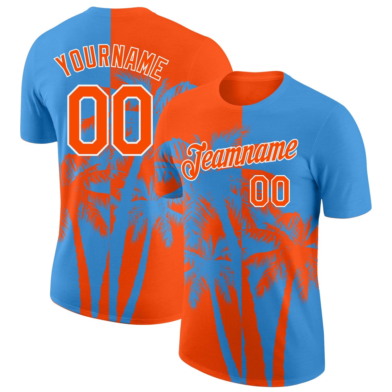 Custom Powder Blue Orange-White Hawaii Tropical Coastal Palm Trees Performance T-Shirt - Main View