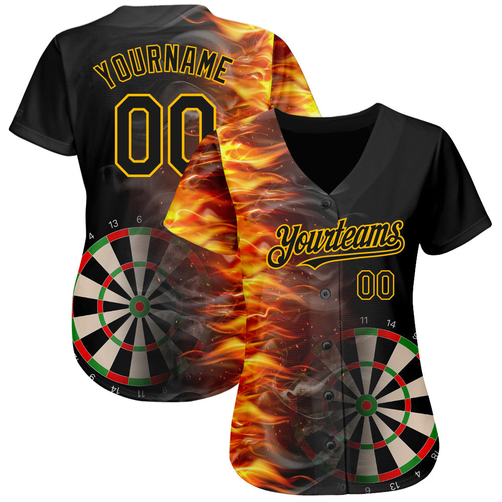 Custom Black Gold 3D Pattern Design Fiery Dart Board Authentic Baseball Jersey view 2