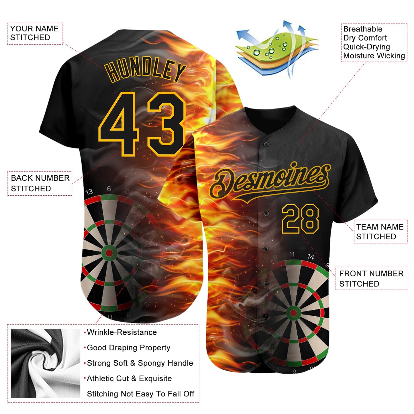 Custom Black Gold 3D Pattern Design Fiery Dart Board Authentic Baseball Jersey view 3