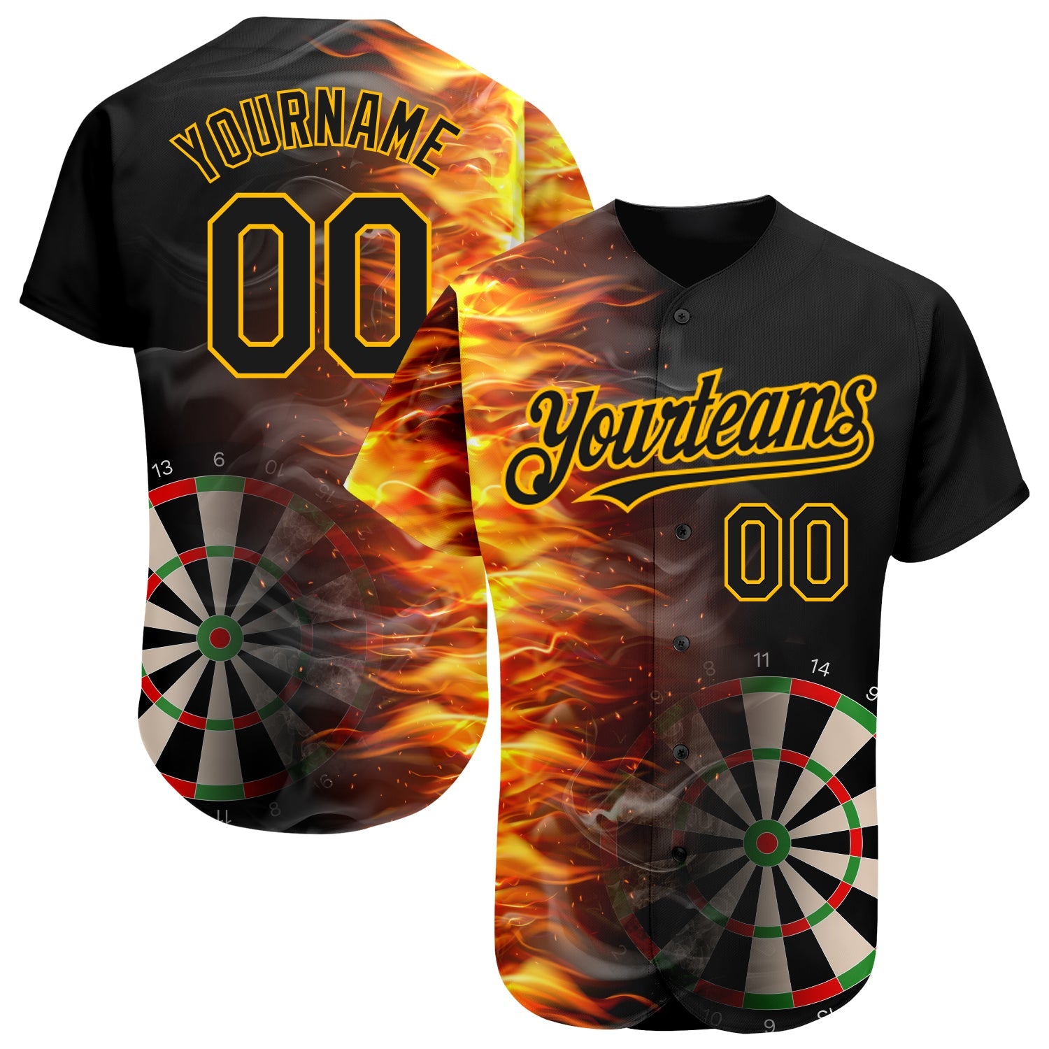 Custom Black Gold 3D Pattern Design Fiery Dart Board Authentic Baseball Jersey - Main View