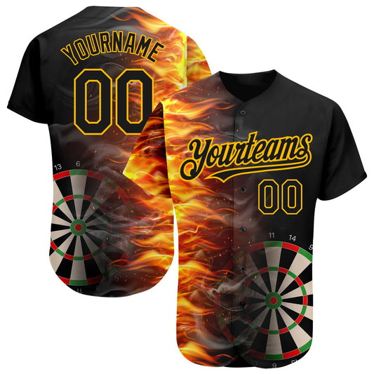 Custom Black Gold 3D Pattern Design Fiery Dart Board Authentic Baseball Jersey - Main View
