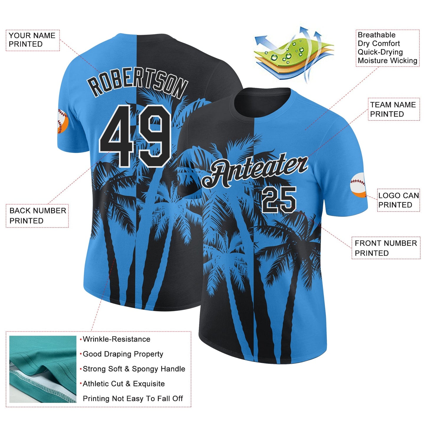 Custom Powder Blue Black-White Hawaii Tropical Coastal Palm Trees Performance T-Shirt view 2