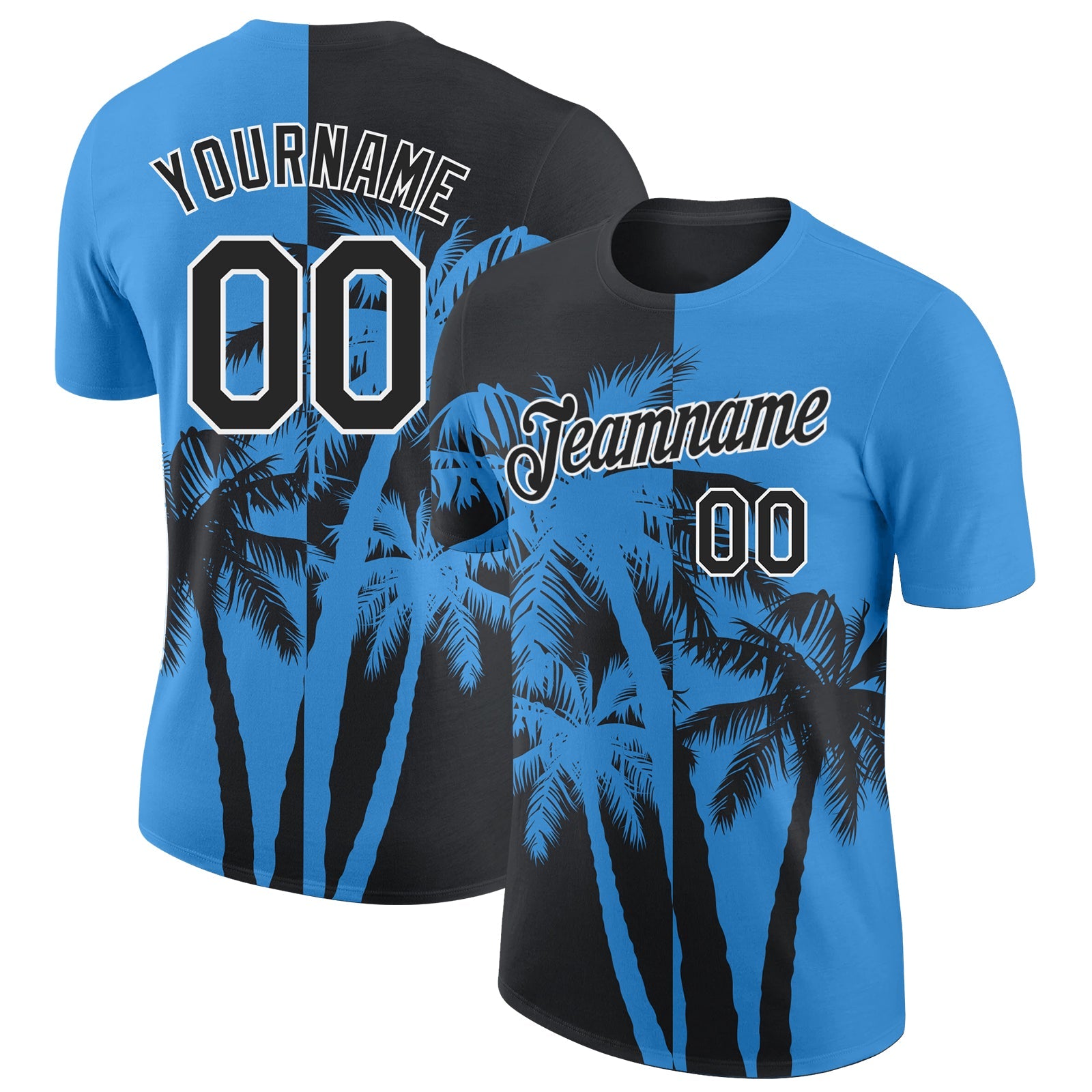 Custom Powder Blue Black-White Hawaii Tropical Coastal Palm Trees Performance T-Shirt - Main View