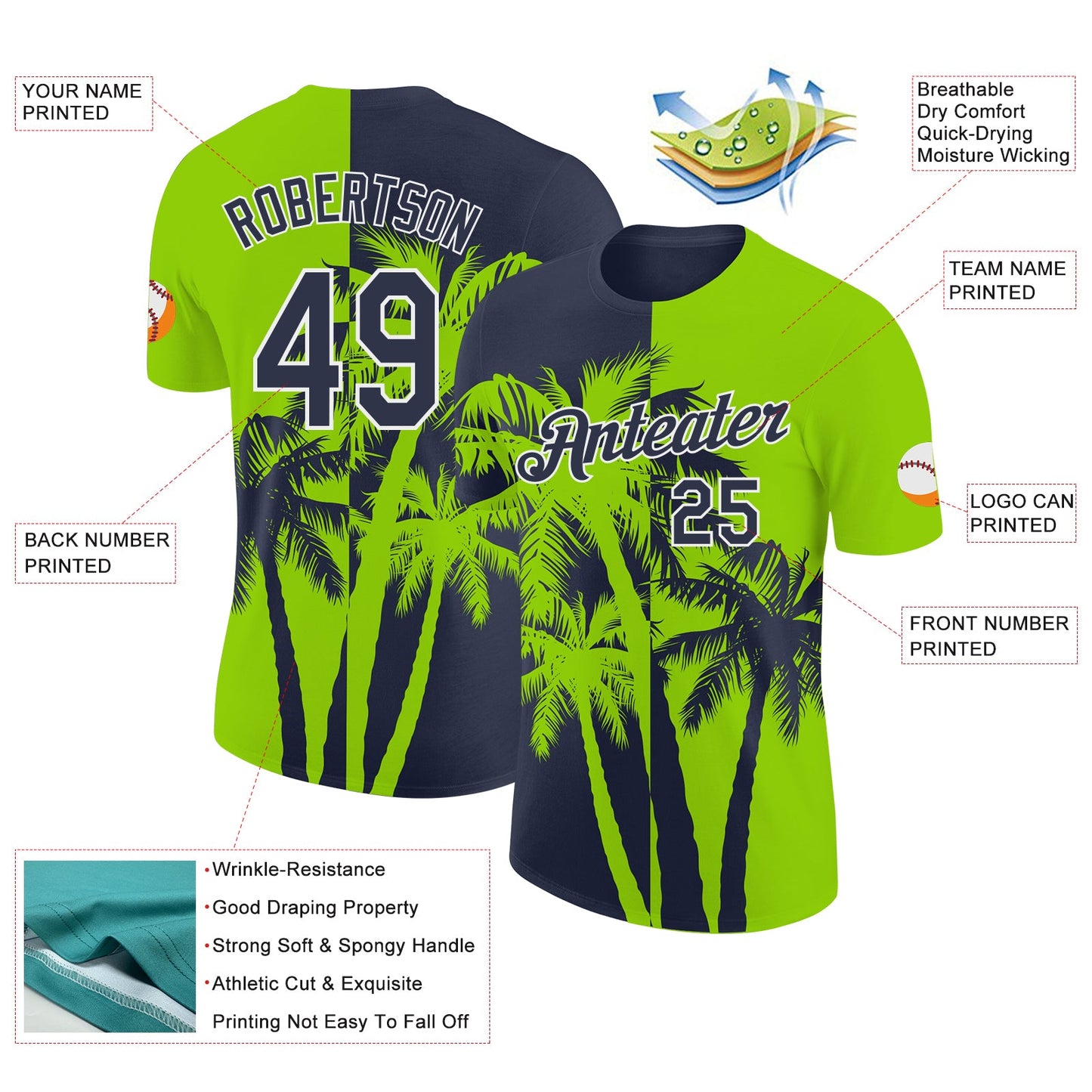 Custom Neon Green Navy-White Hawaii Tropical Coastal Palm Trees Performance T-Shirt view 2