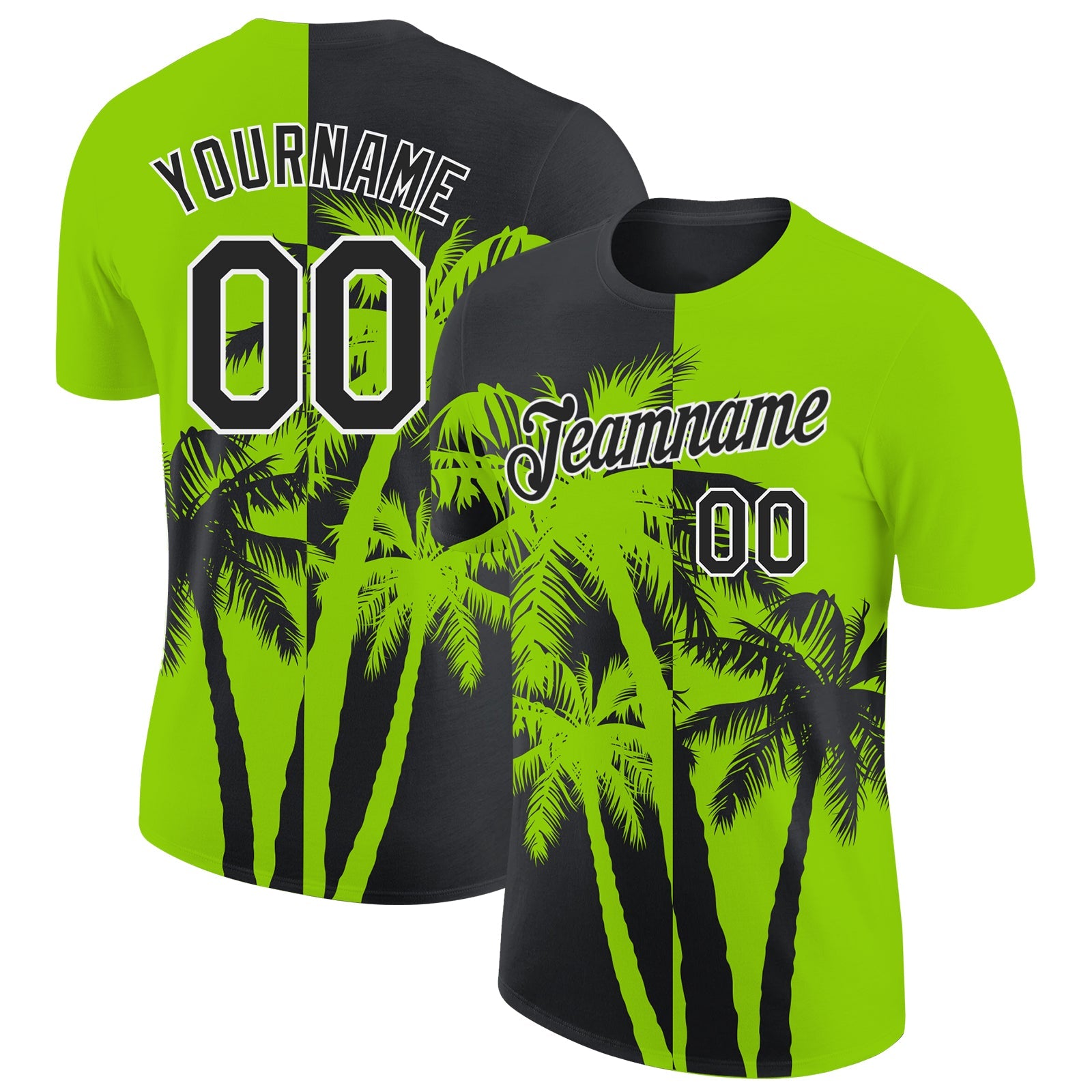 Custom Neon Green Black-White Hawaii Tropical Coastal Palm Trees Performance T-Shirt - Main View