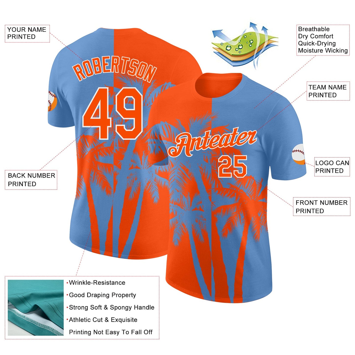 Custom Light Blue Orange-White Hawaii Tropical Coastal Palm Trees Performance T-Shirt view 2