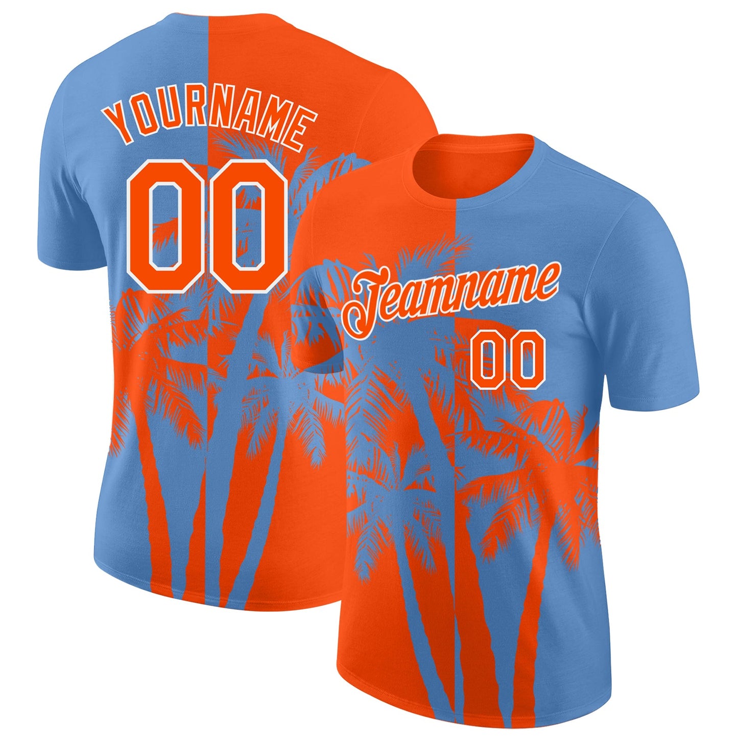 Custom Light Blue Orange-White Hawaii Tropical Coastal Palm Trees Performance T-Shirt - Main View