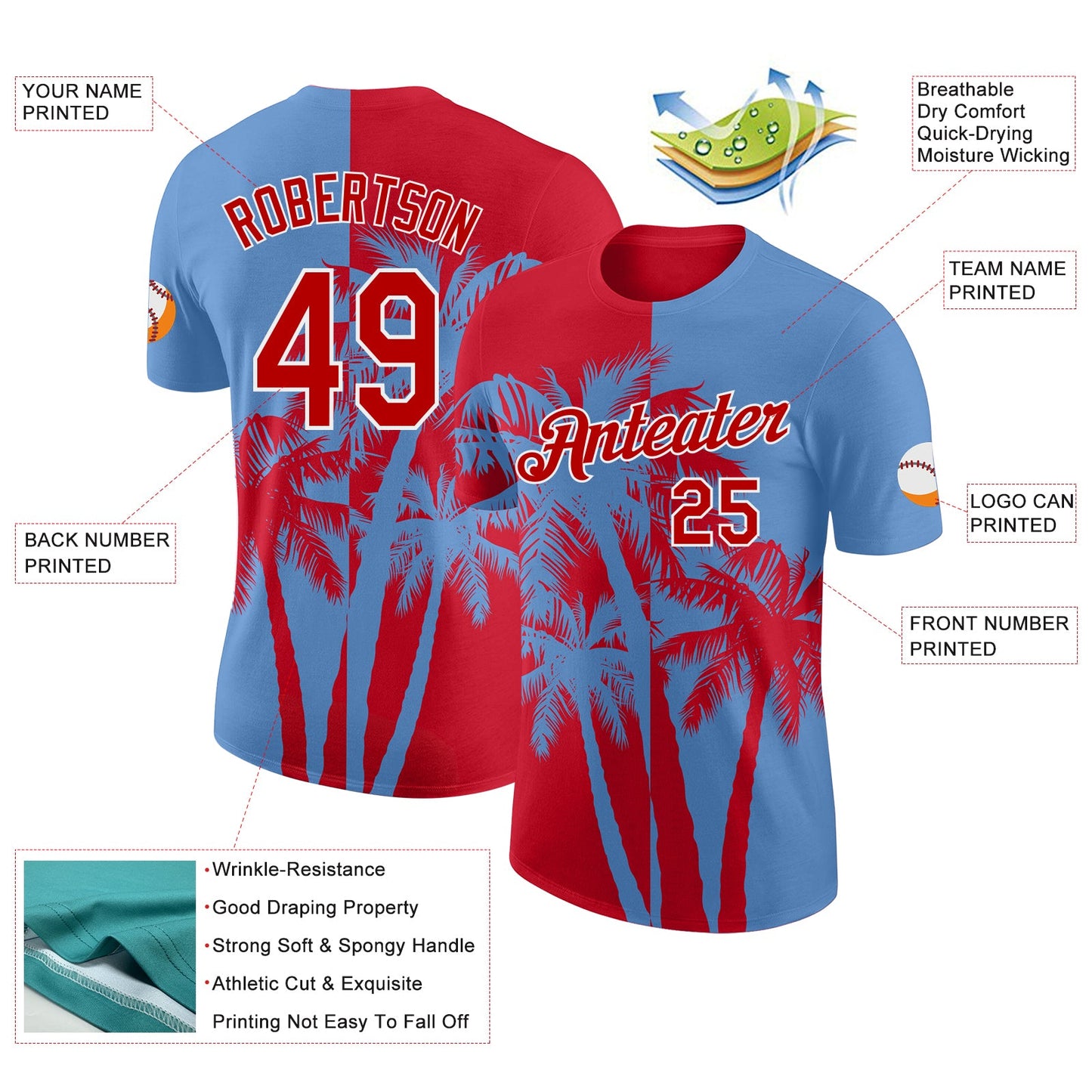 Custom Light Blue Red-White Hawaii Tropical Coastal Palm Trees Performance T-Shirt view 2