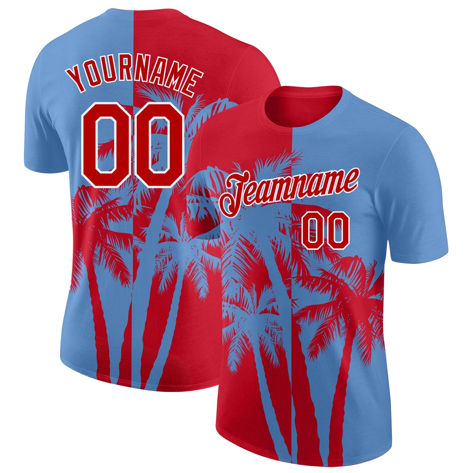 Custom Light Blue Red-White Hawaii Tropical Coastal Palm Trees Performance T-Shirt - Main View