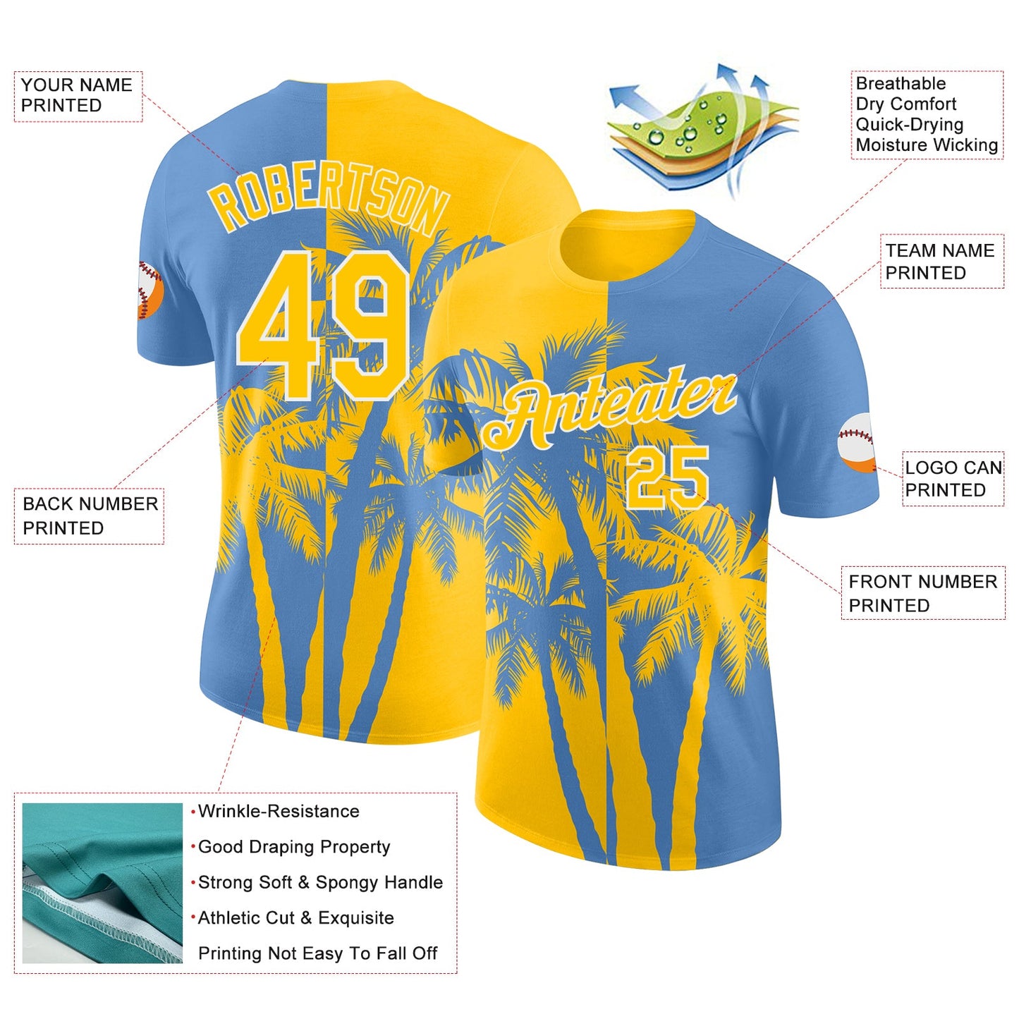 Custom Light Blue Yellow-White Hawaii Tropical Coastal Palm Trees Performance T-Shirt view 2