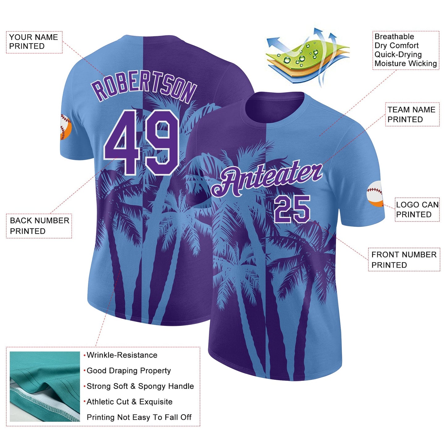 Custom Light Blue Purple-White Hawaii Tropical Coastal Palm Trees Performance T-Shirt view 2