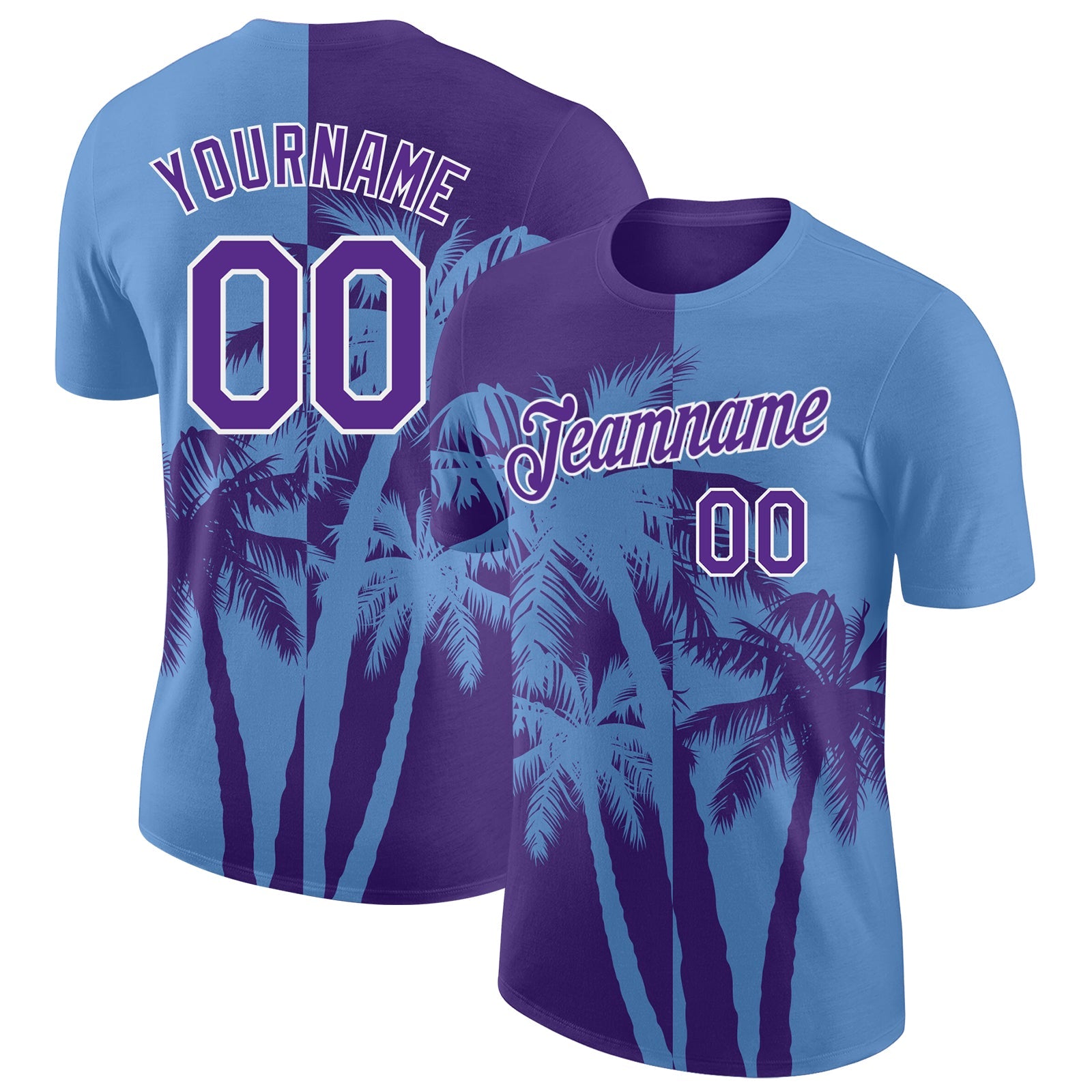 Custom Light Blue Purple-White Hawaii Tropical Coastal Palm Trees Performance T-Shirt - Main View