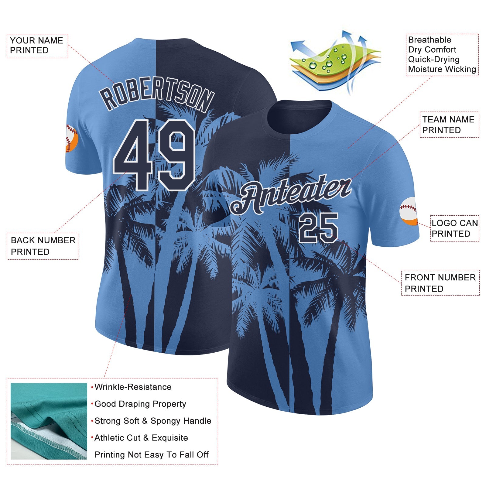 Custom Light Blue Navy-White Hawaii Tropical Coastal Palm Trees Performance T-Shirt view 2