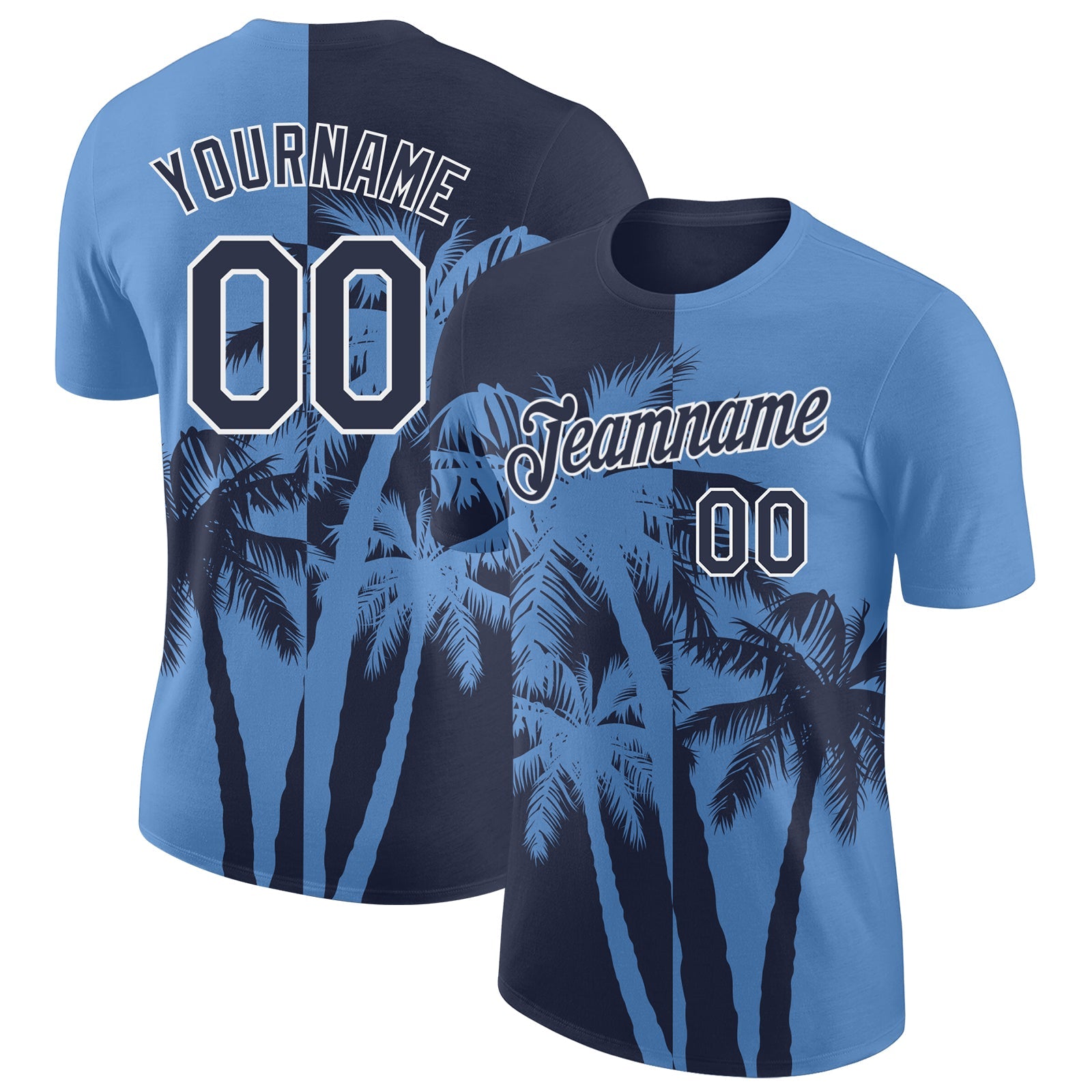 Custom Light Blue Navy-White Hawaii Tropical Coastal Palm Trees Performance T-Shirt - Main View