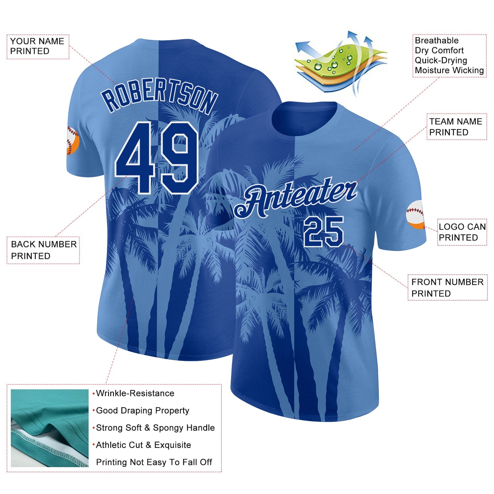 Custom Light Blue Royal-White Hawaii Tropical Coastal Palm Trees Performance T-Shirt view 2