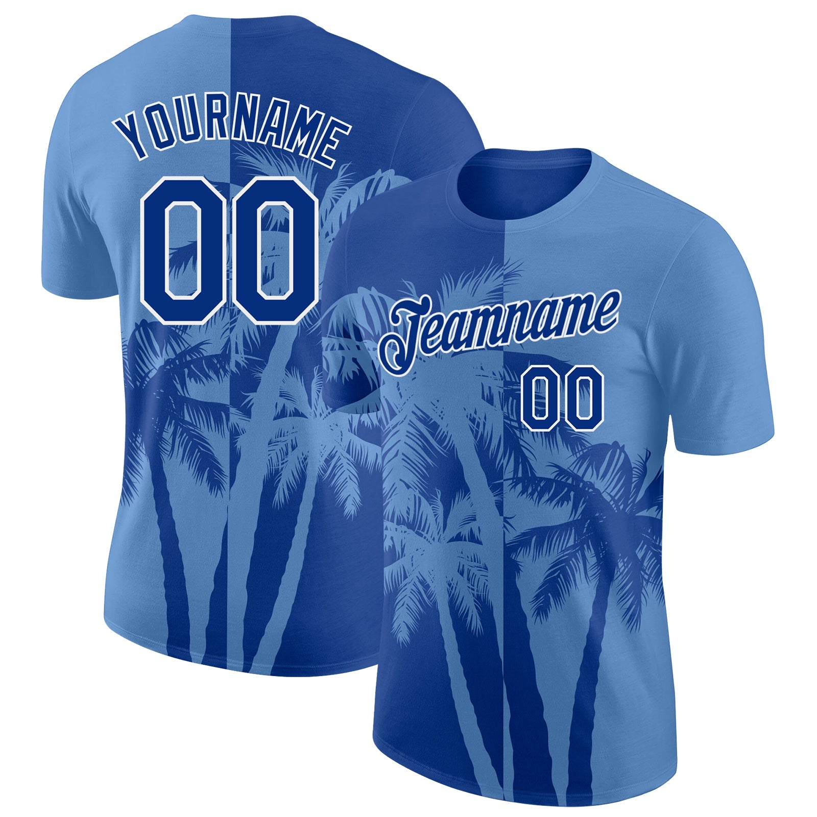 Custom Light Blue Royal-White Hawaii Tropical Coastal Palm Trees Performance T-Shirt - Main View
