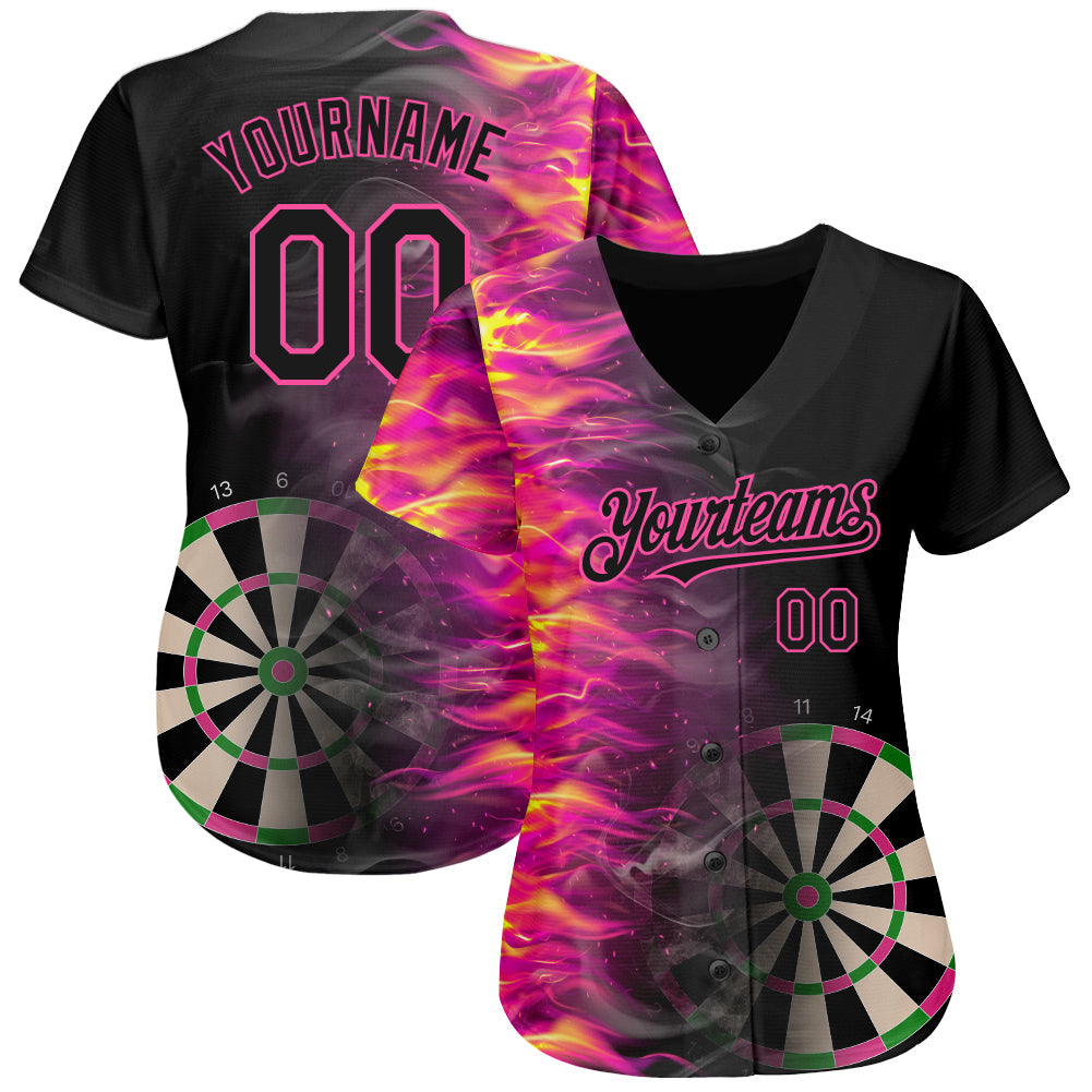 Custom Black Pink 3D Pattern Design Fiery Dart Board Authentic Baseball Jersey view 2