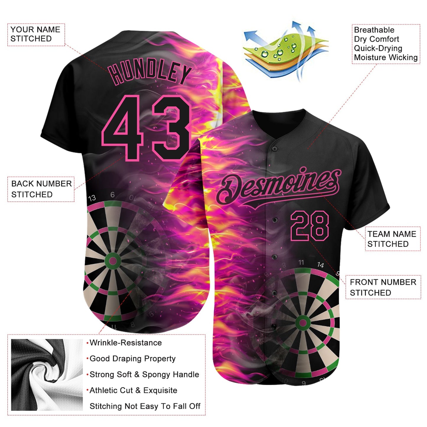 Custom Black Pink 3D Pattern Design Fiery Dart Board Authentic Baseball Jersey view 3