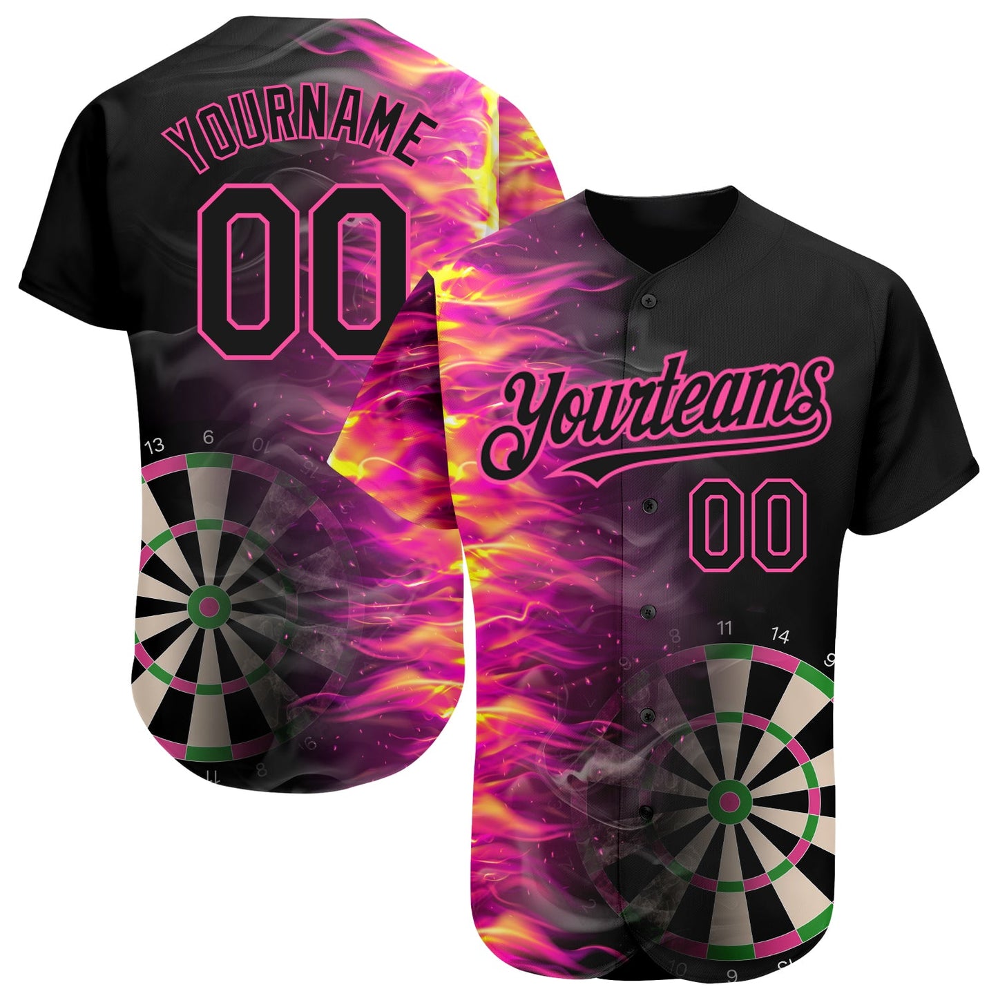 Custom Black Pink 3D Pattern Design Fiery Dart Board Authentic Baseball Jersey - Main View