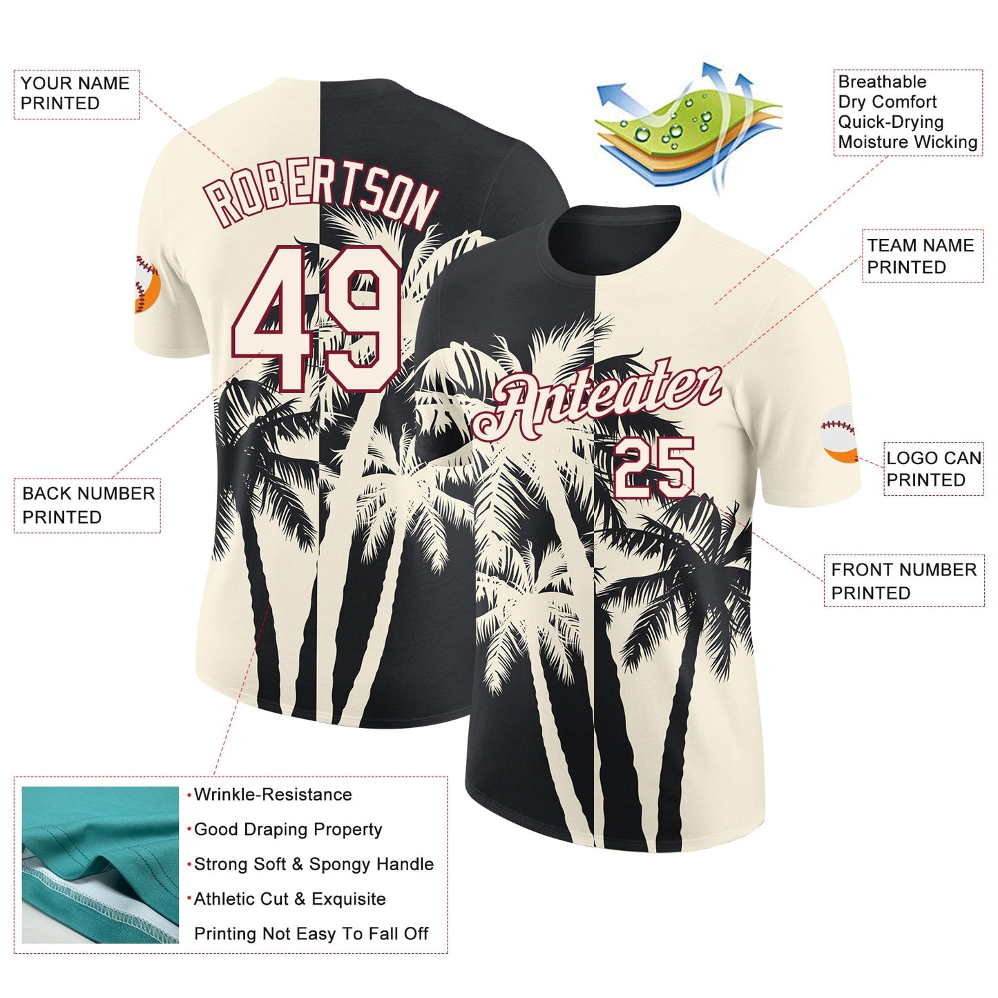 Custom Cream Black-Crimson Hawaii Tropical Coastal Palm Trees Performance T-Shirt view 2