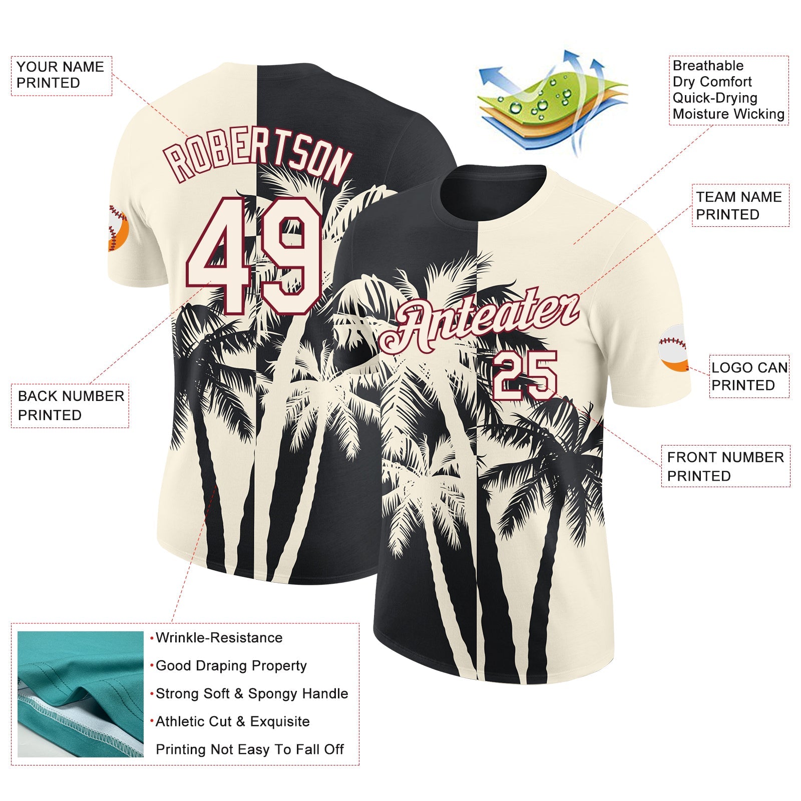 Custom Cream Black-Crimson Hawaii Tropical Coastal Palm Trees Performance T-Shirt view 2