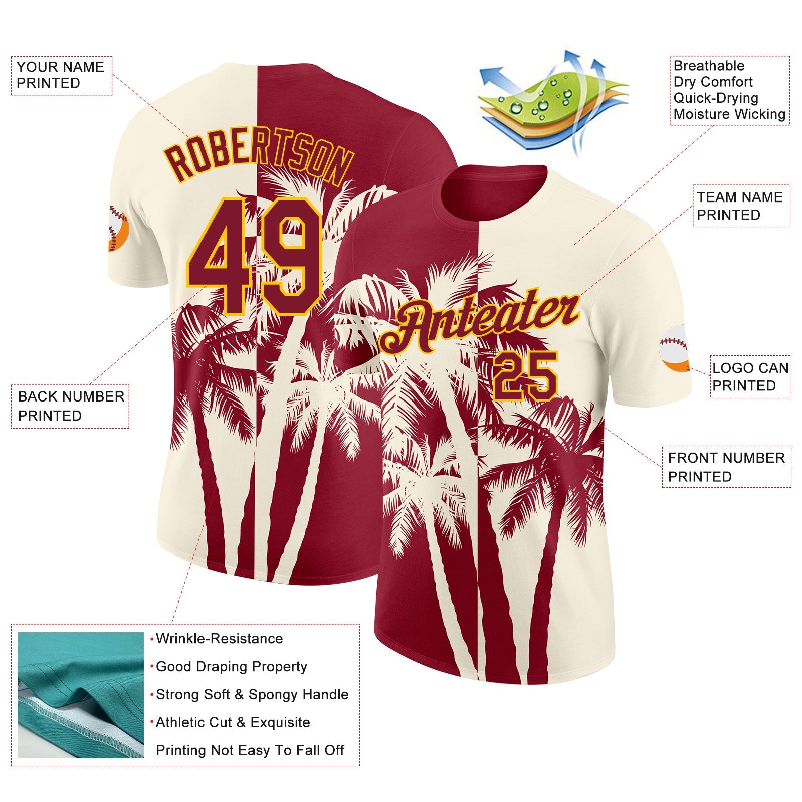 Custom Cream Crimson-Yellow Hawaii Tropical Coastal Palm Trees Performance T-Shirt view 2