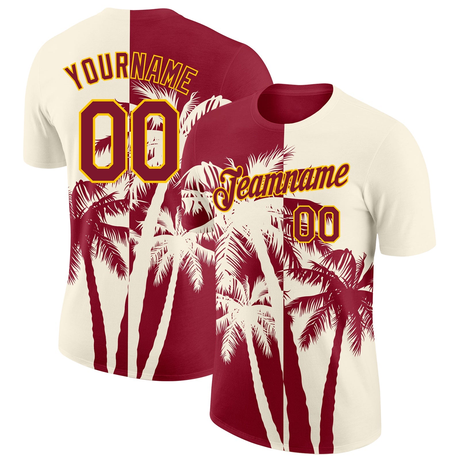 Custom Cream Crimson-Yellow Hawaii Tropical Coastal Palm Trees Performance T-Shirt - Main View