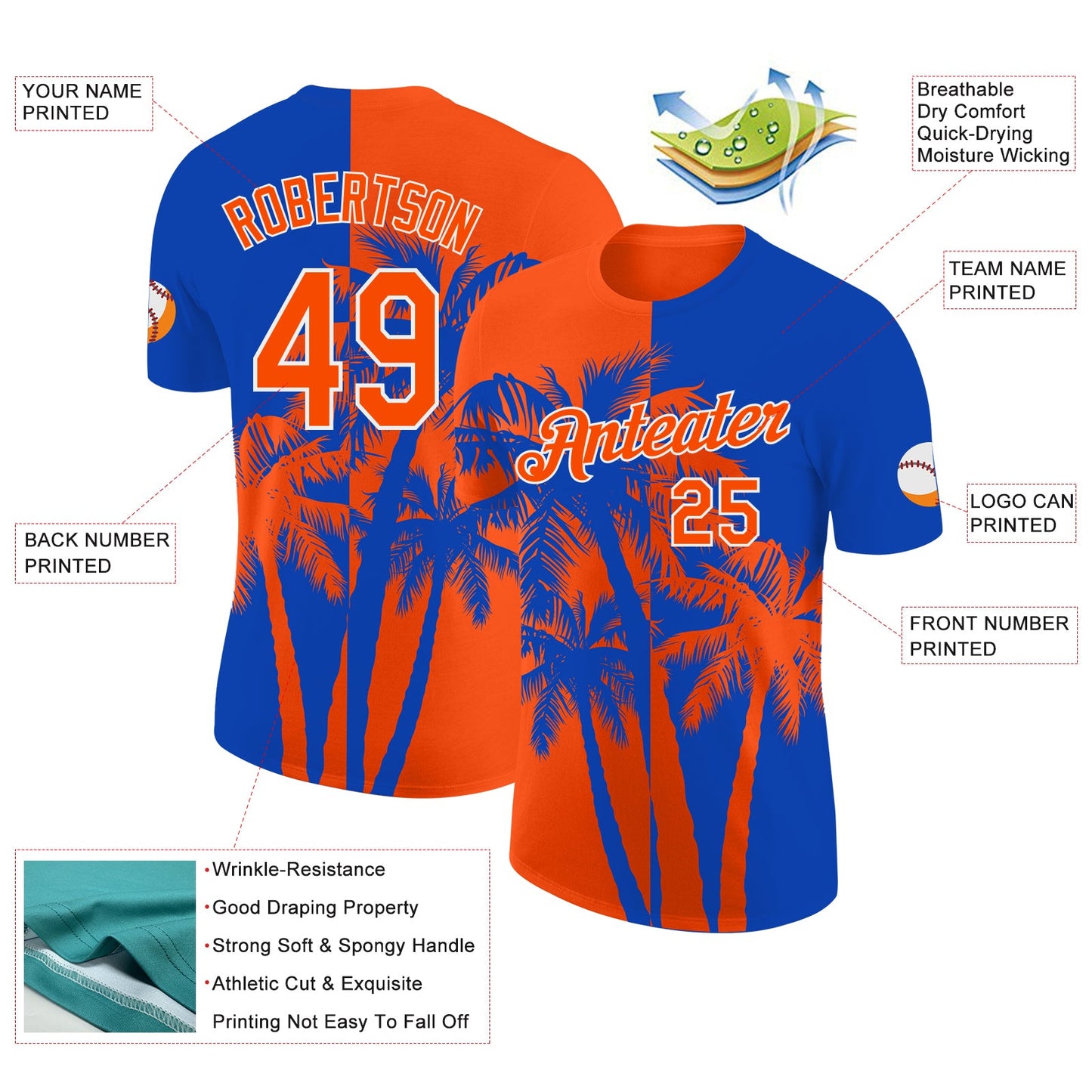 Custom Thunder Blue Orange-White Hawaii Tropical Coastal Palm Trees Performance T-Shirt view 2