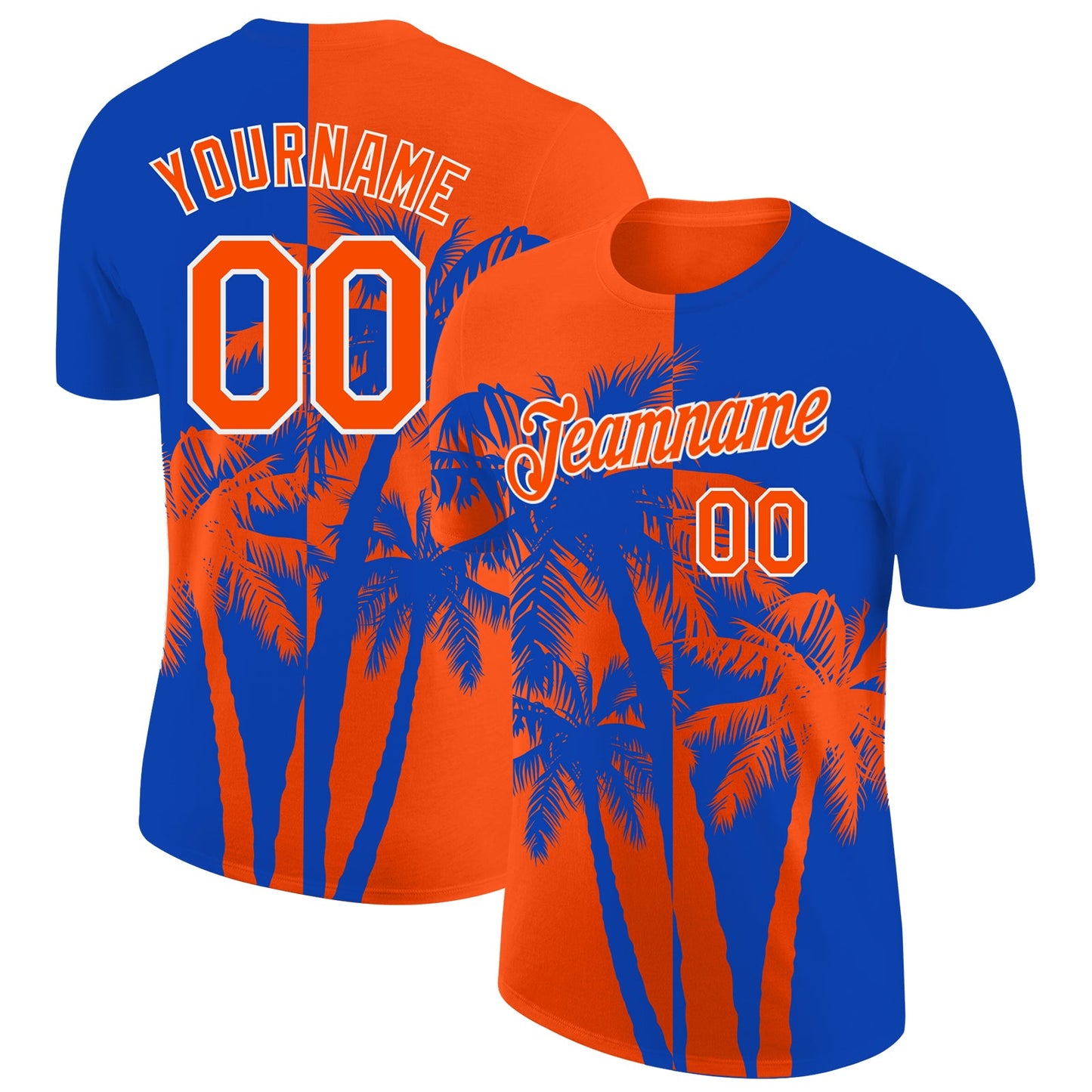 Custom Thunder Blue Orange-White Hawaii Tropical Coastal Palm Trees Performance T-Shirt - Main View