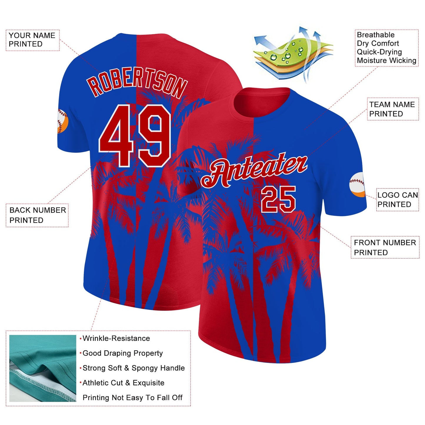 Custom Thunder Blue Red-White Hawaii Tropical Coastal Palm Trees Performance T-Shirt view 2